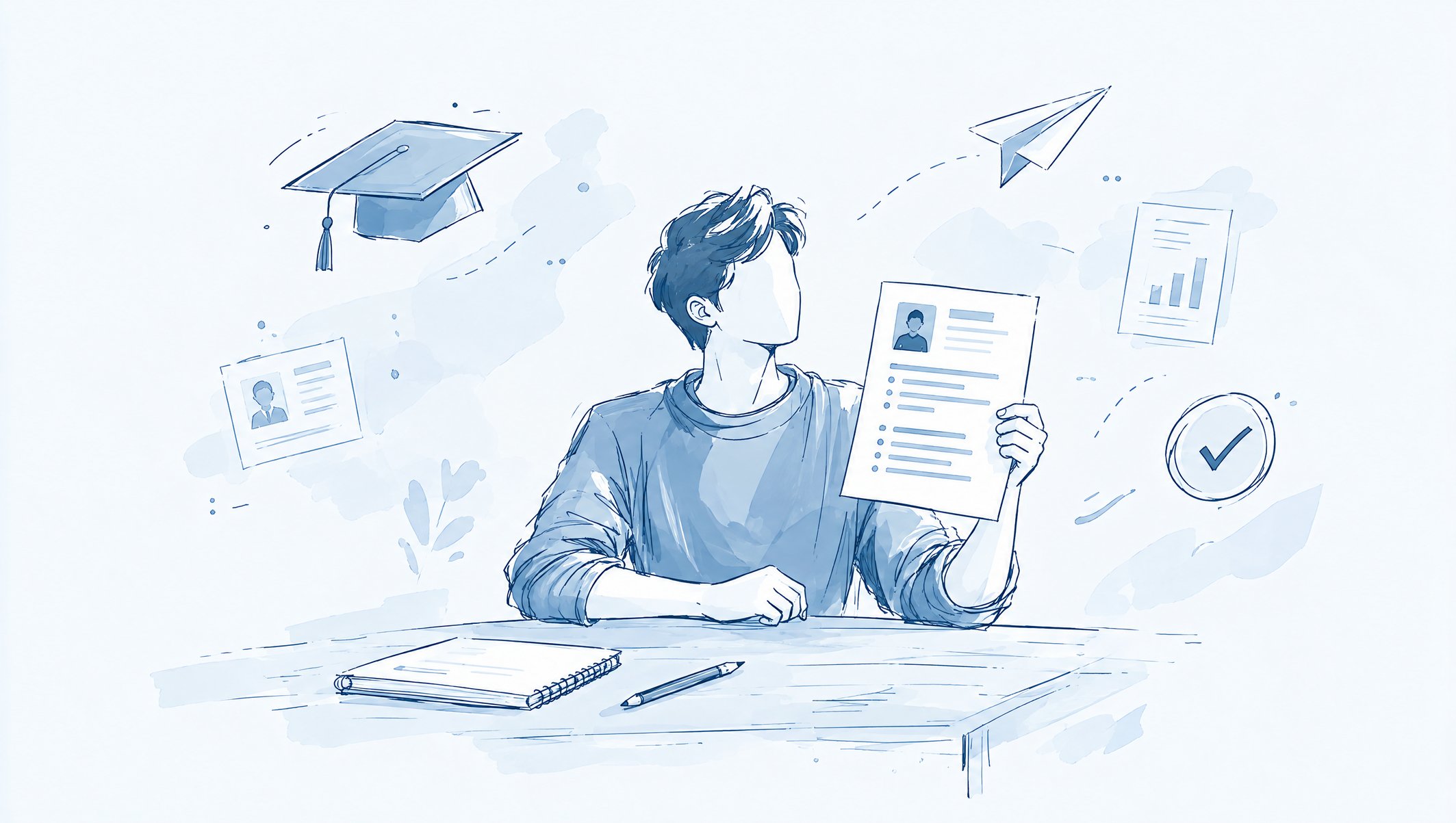 Illustration of a person at a desk holding up a CV, surrounded by sketched icons of a graduation cap, paper plane and ID card