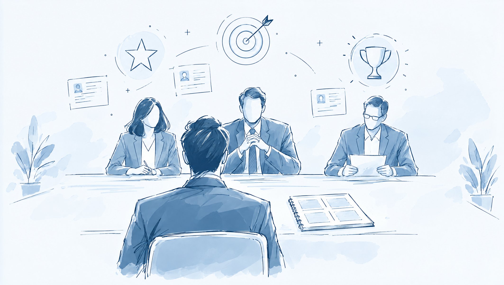 Illustration of a candidate seen from behind facing a three-person interview panel, with star, target and trophy icons