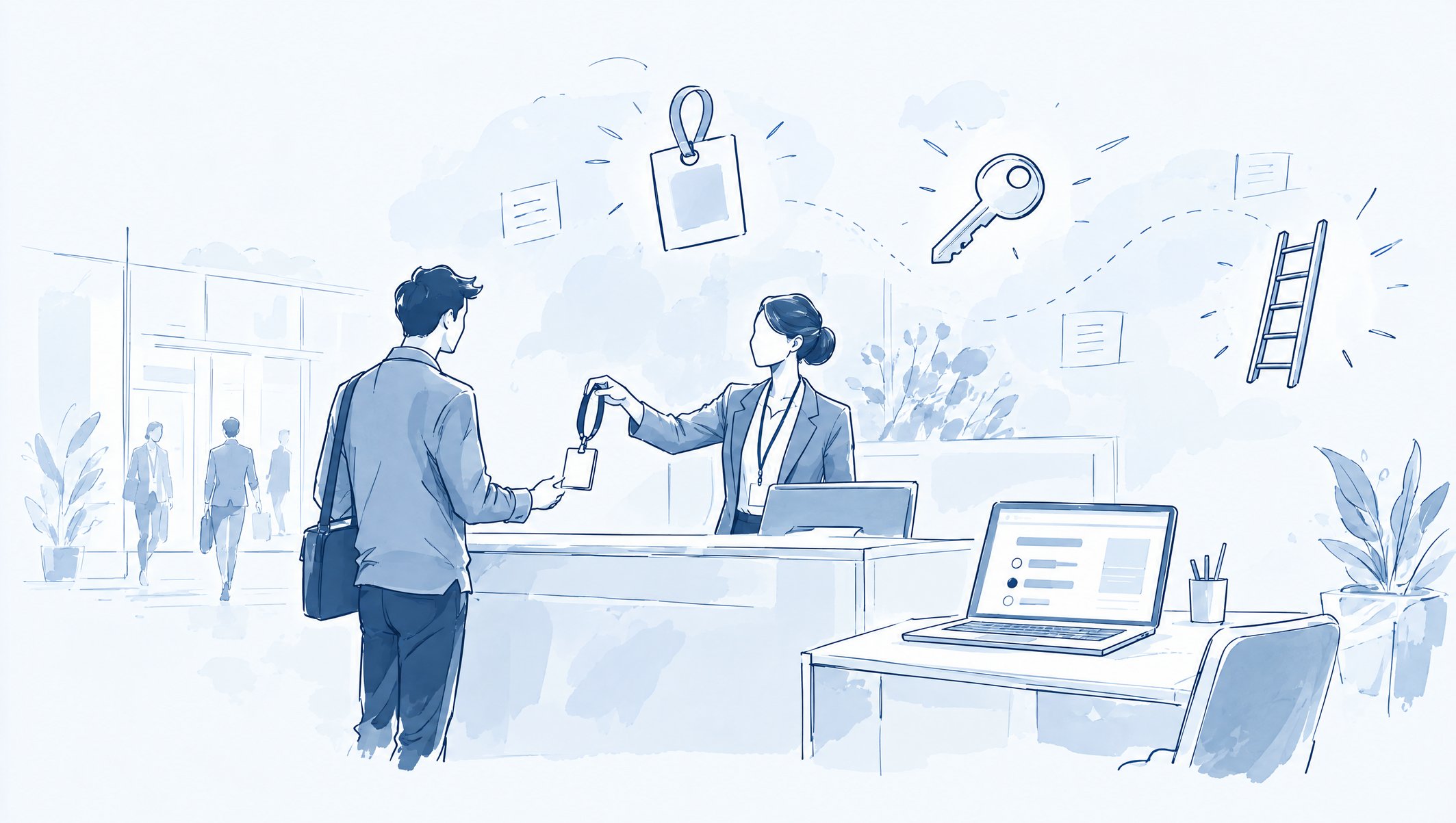 Illustration of a receptionist handing a lanyard badge to a visitor at a front desk, with key and ladder icons