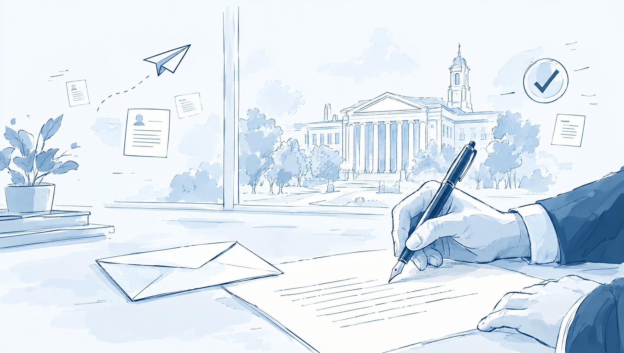 Illustration of a hand writing a letter with a fountain pen beside an envelope, a columned building through the window