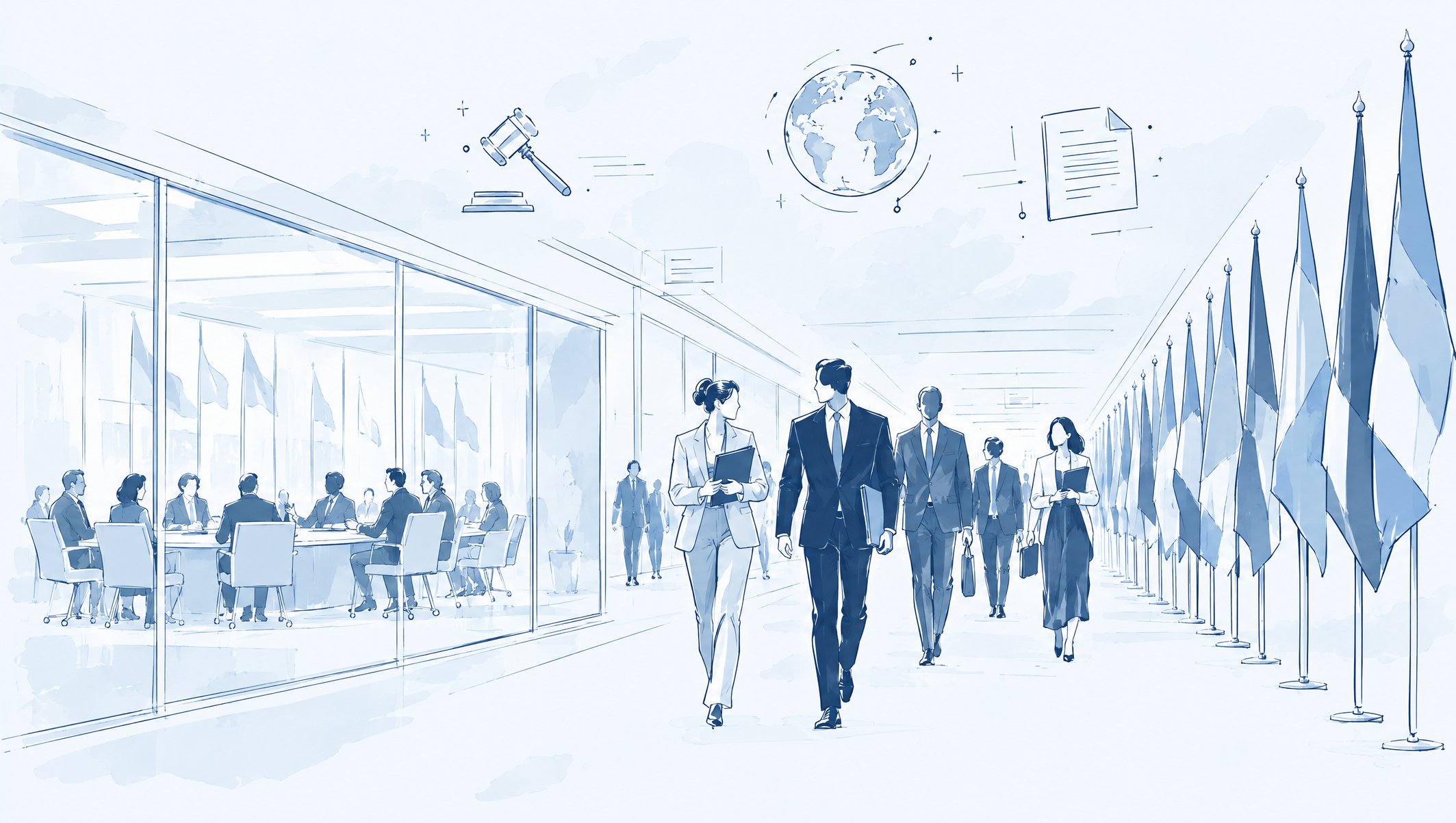 Illustration of professionals walking along a flag-lined corridor beside a glass boardroom where a meeting is under way