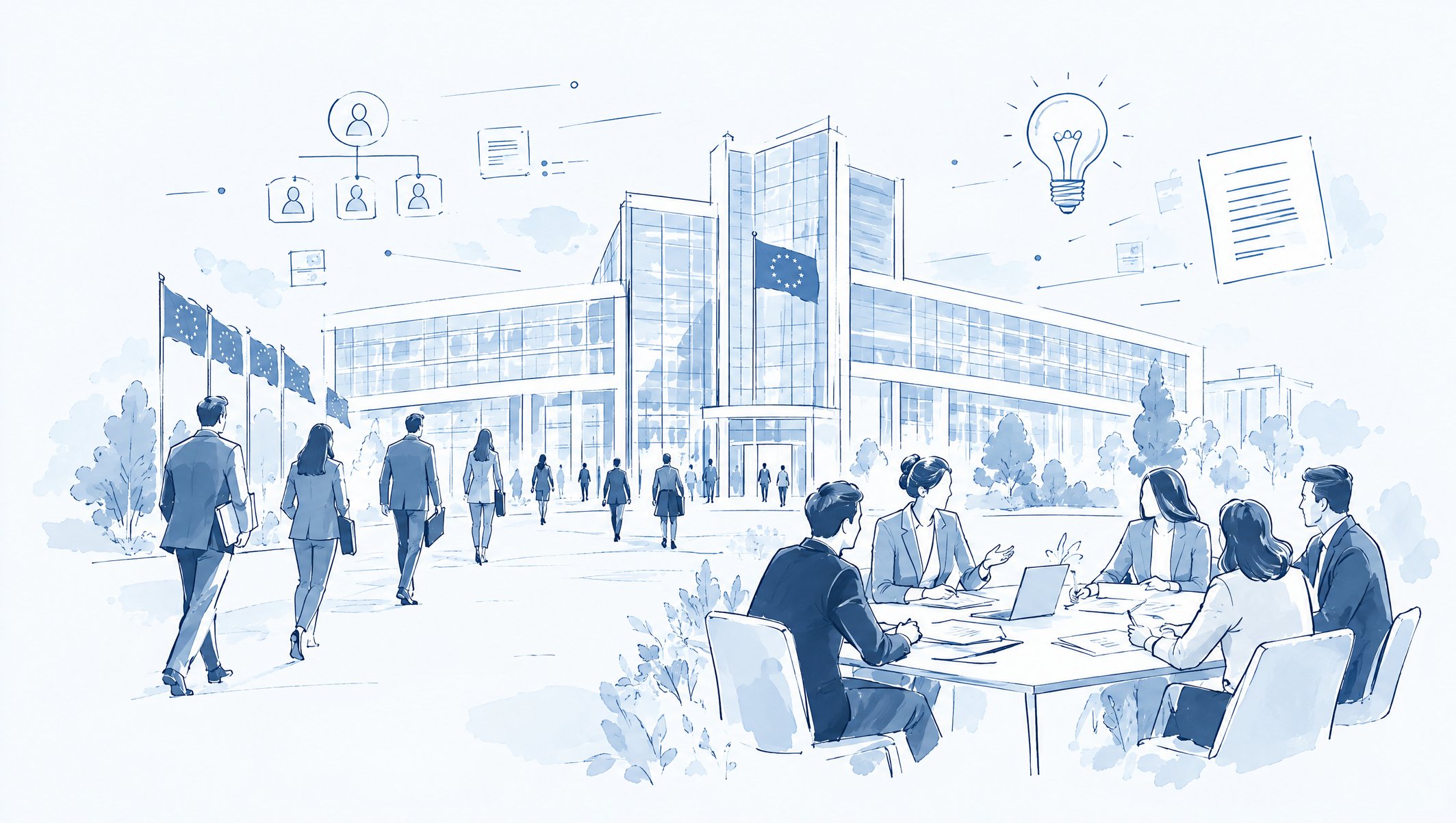 Illustration of professionals walking towards a glass EU building with star flags, with org chart and lightbulb icons