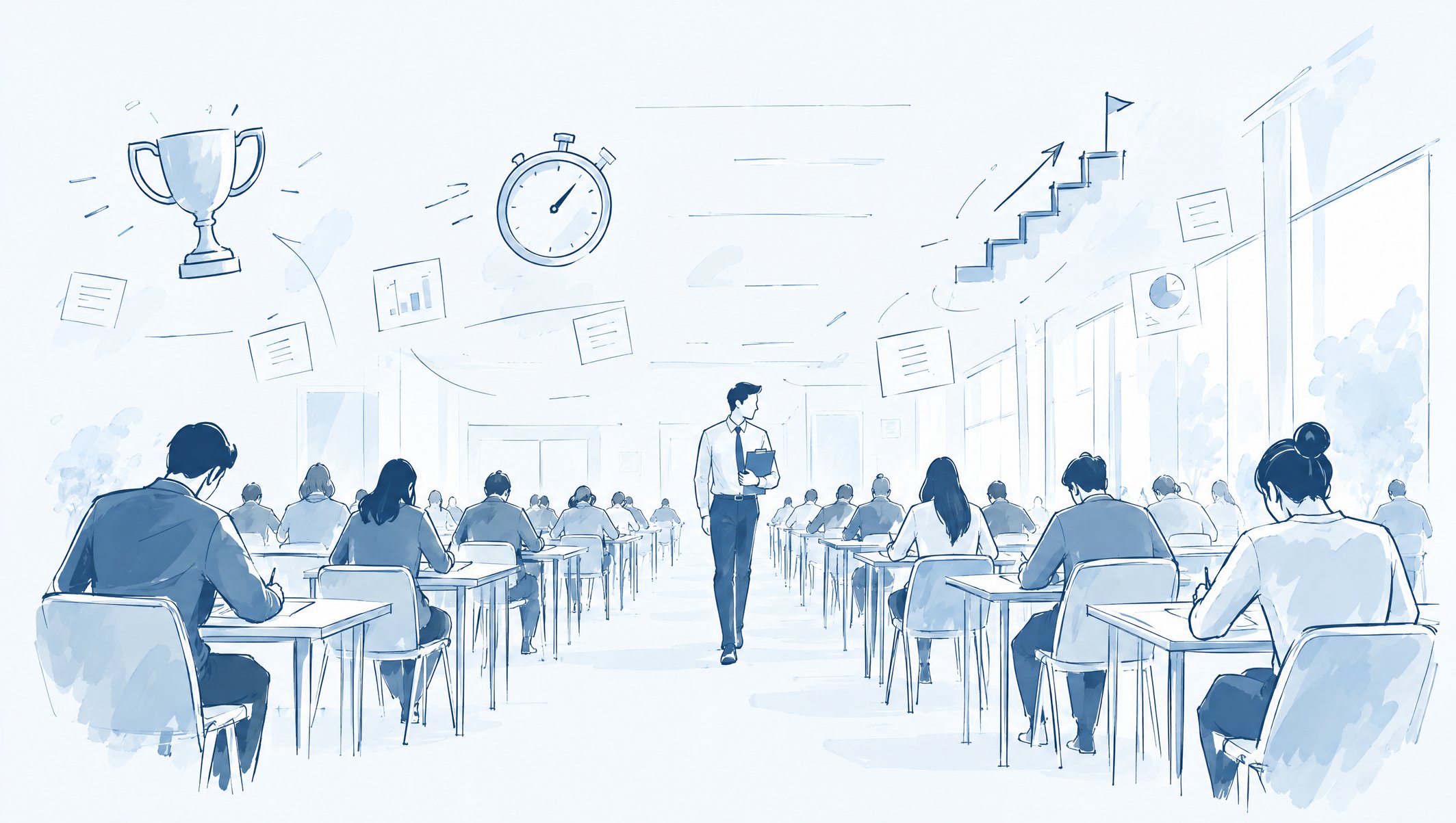 Illustration of candidates seated in an exam hall while a proctor stands with a clipboard, with trophy and stopwatch icons