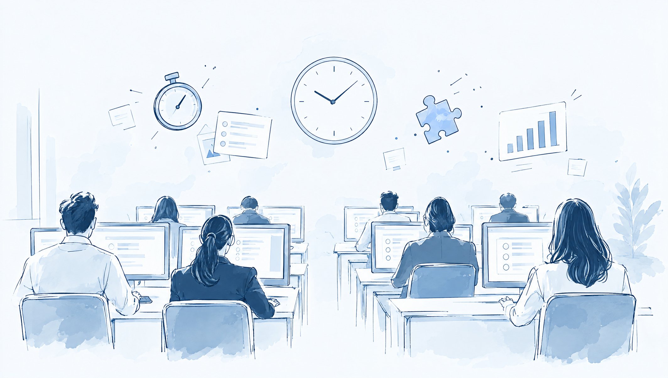 Illustration of candidates seen from behind working at computers in a testing room, with a wall clock and stopwatch