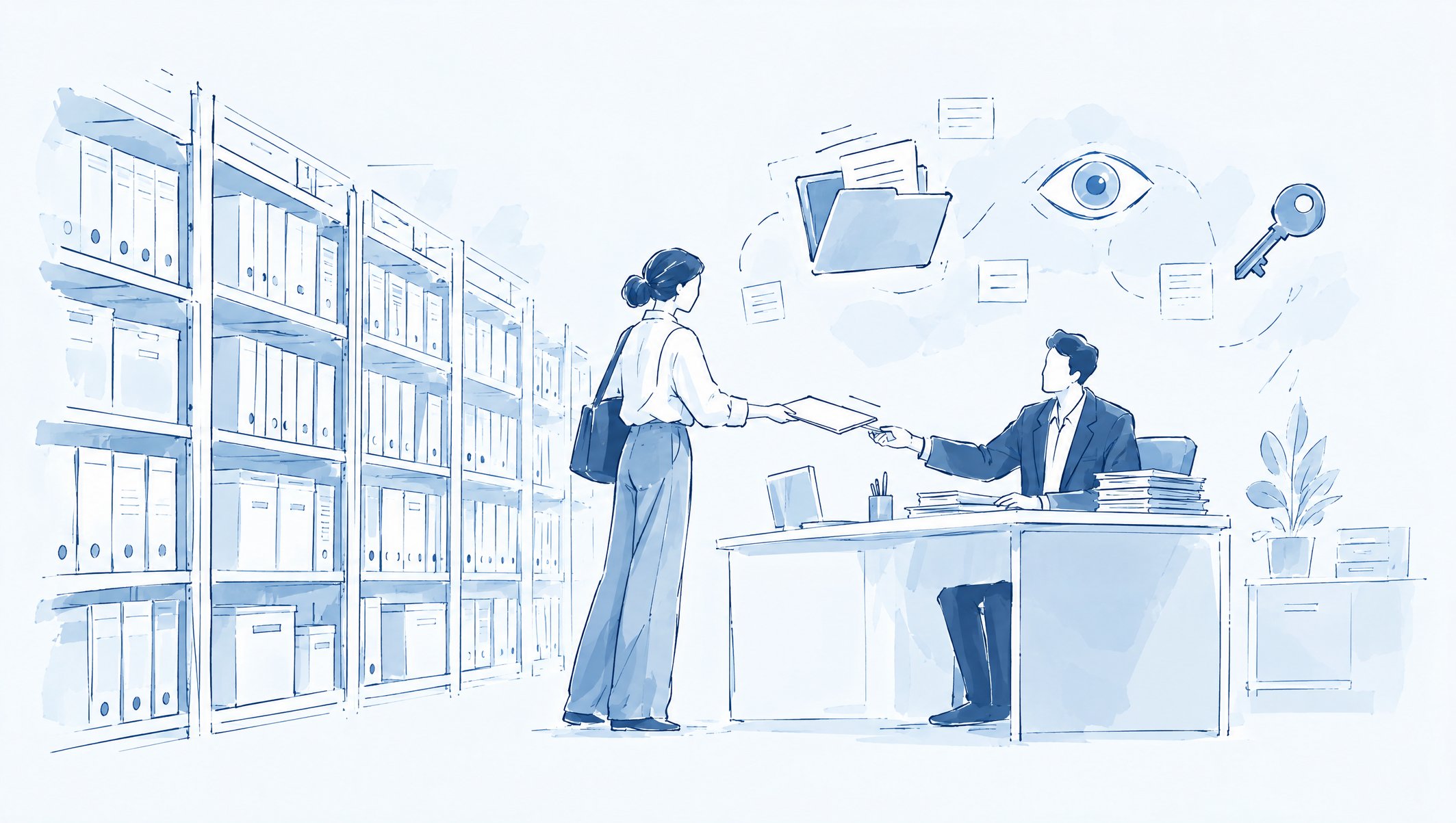 Illustration of a woman handing a document to a man at a desk in an archive lined with shelves of binders
