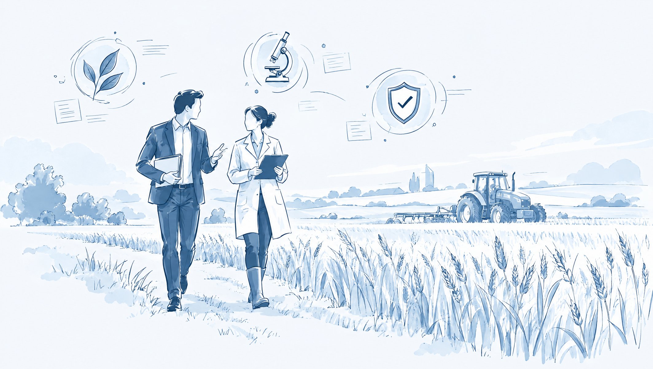 Illustration of a businessman and a scientist in a lab coat walking through a wheat field, with a tractor behind them