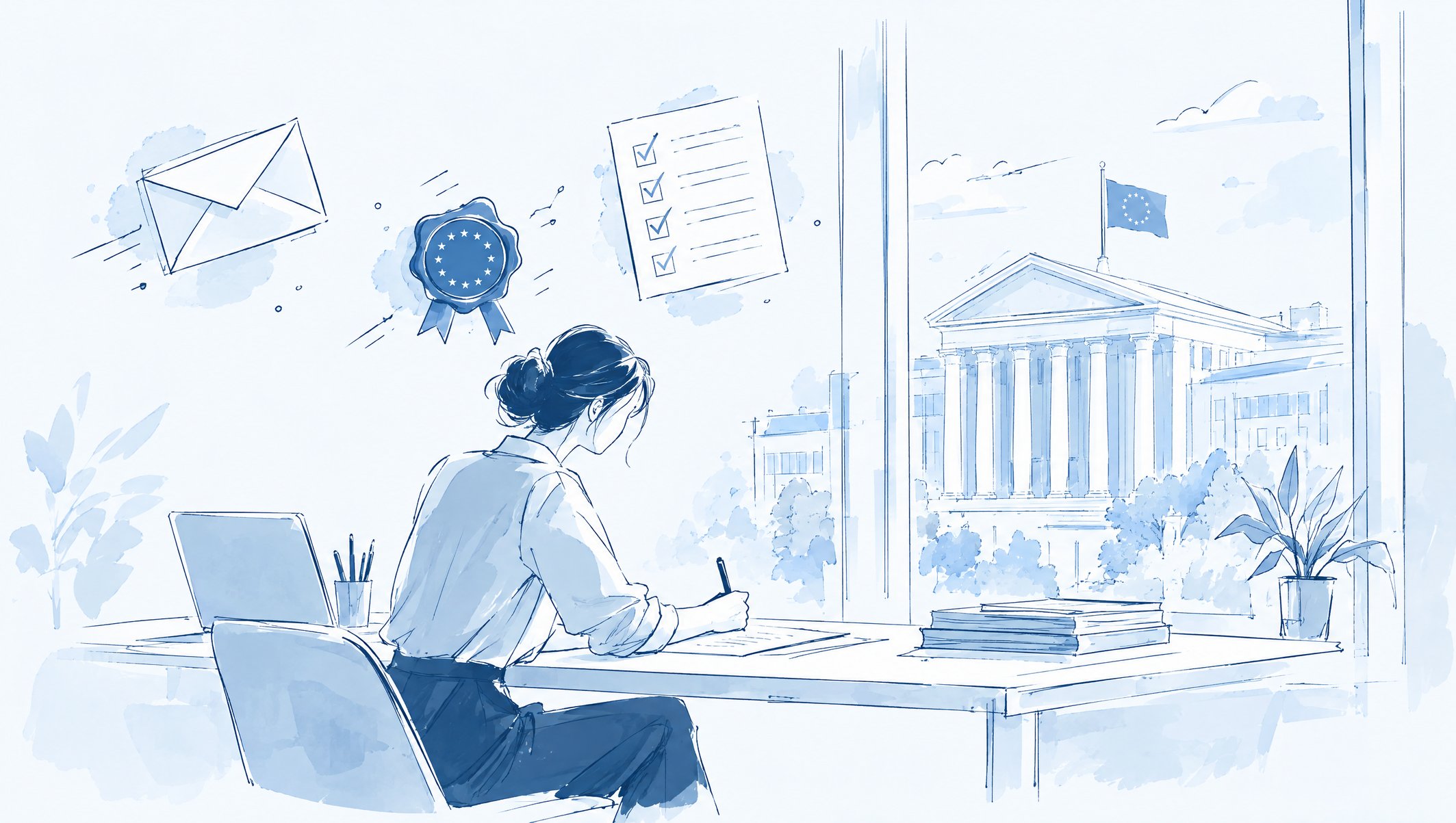 Illustration of a woman writing at a desk by a large window overlooking a neoclassical building with an EU flag