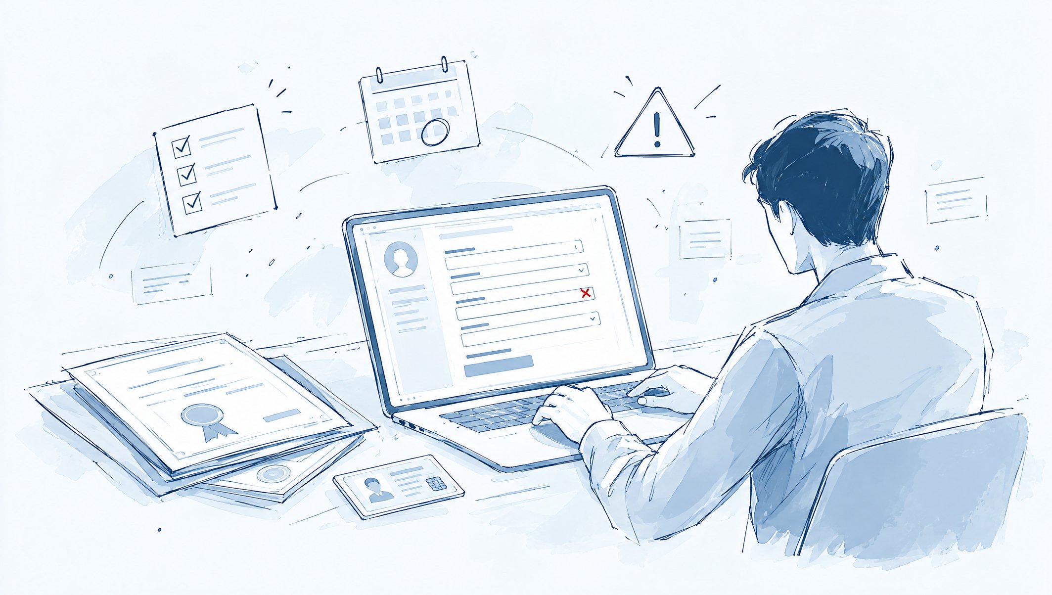 Illustration of a person typing on a laptop showing a form with one red error cross, beside certificates and an ID card