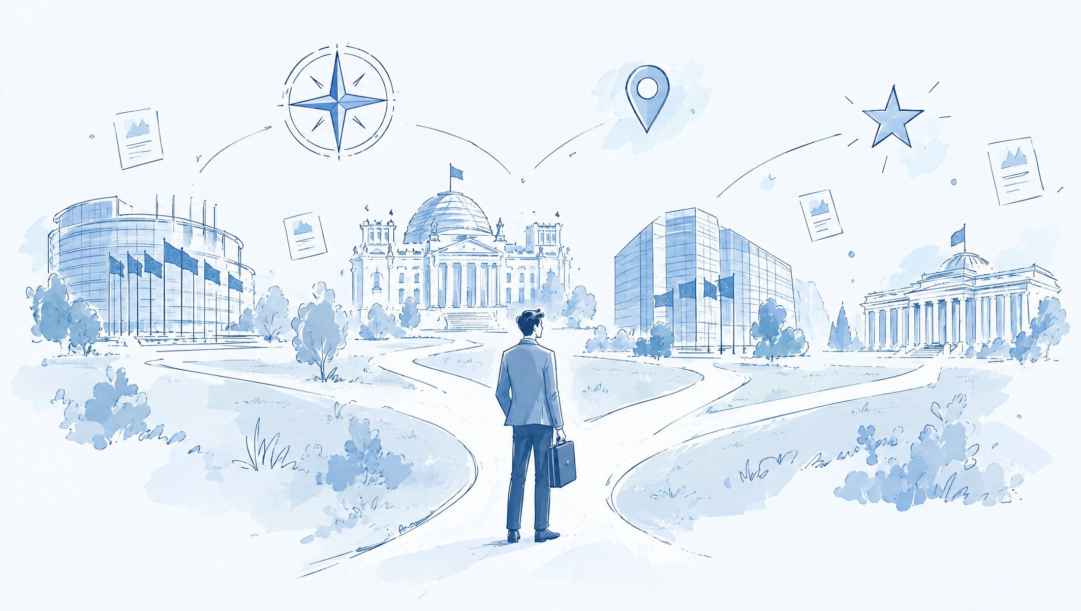 Illustration of a man with a briefcase at a fork in the path, facing four government buildings, with compass and pin icons