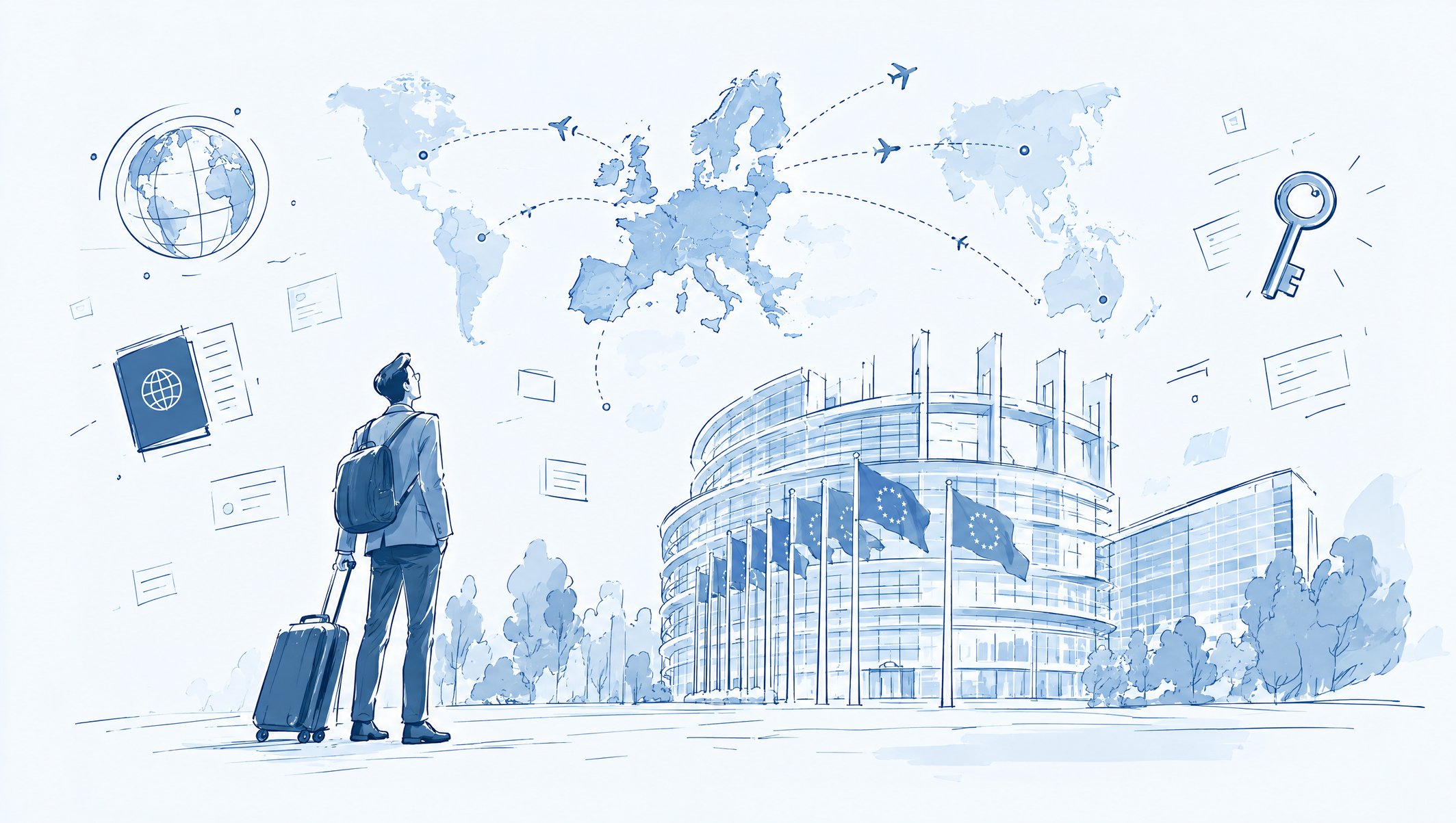 Illustration of a traveller with a suitcase and backpack looking up at a parliament building, under a map of flight paths