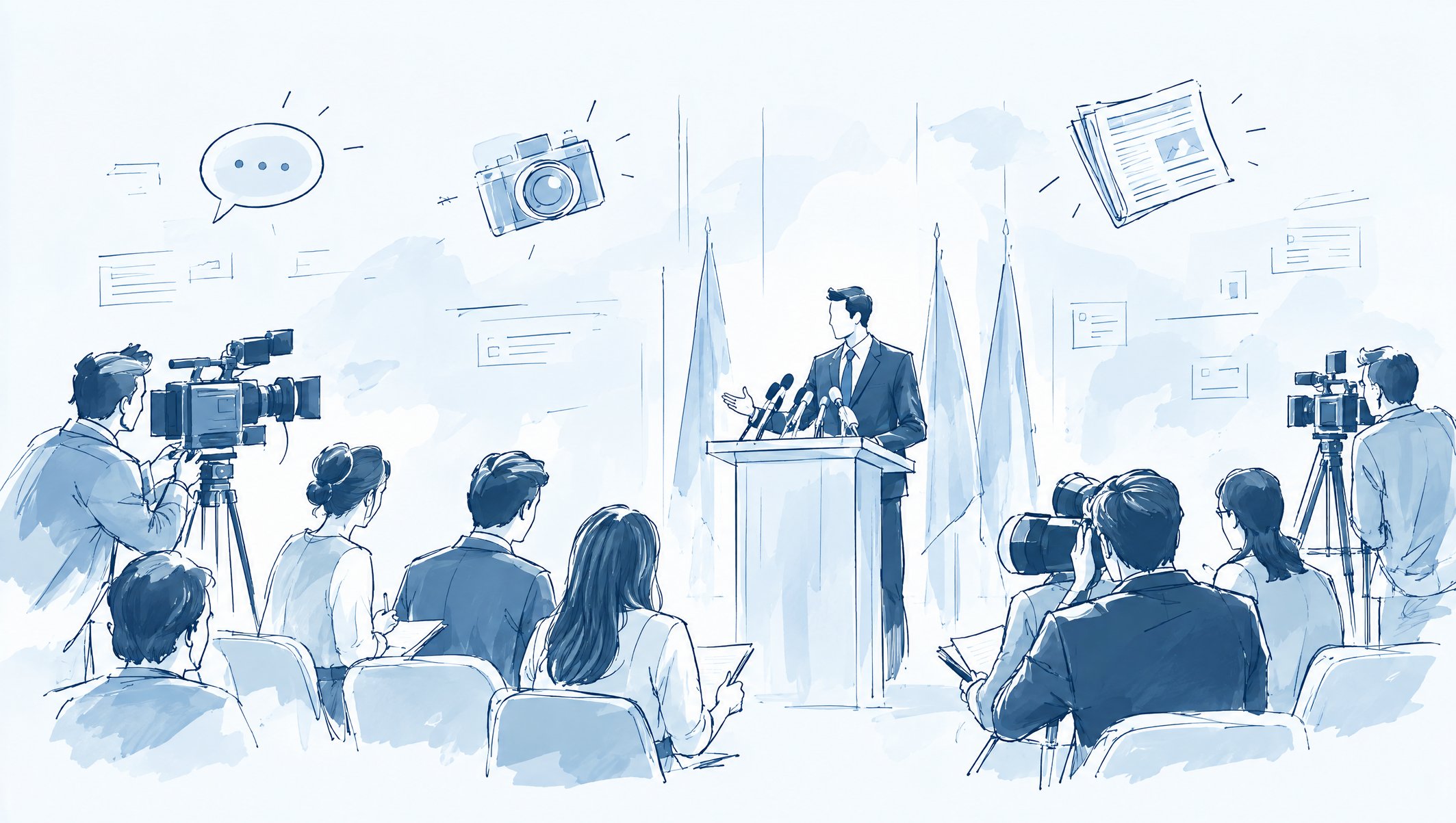 Illustration of a press conference: a speaker at a podium facing seated journalists and camera operators