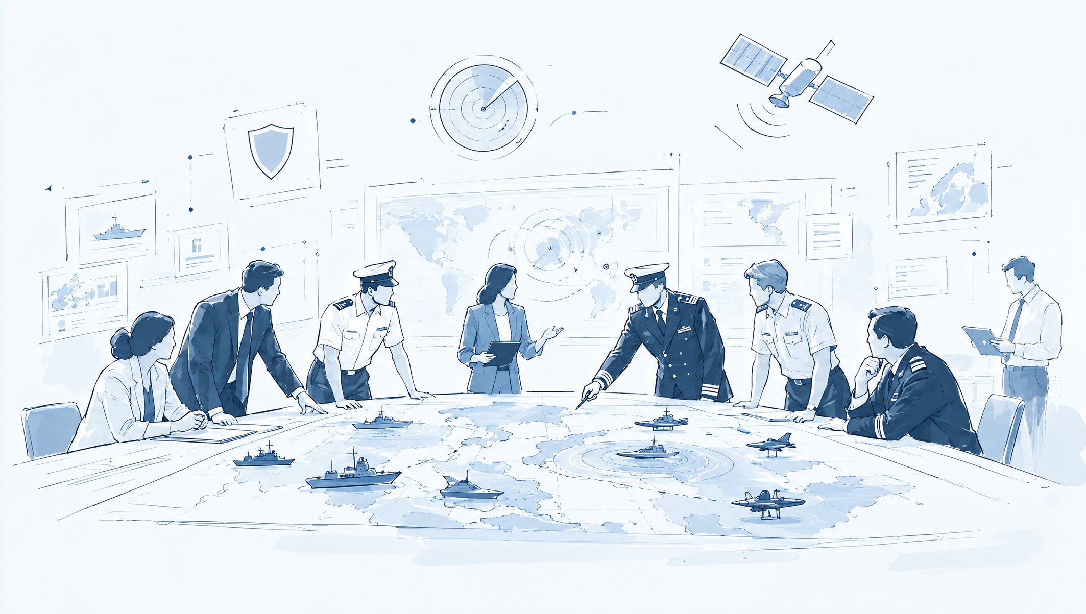 Illustration of naval officers and civilians gathered around a map table, with radar, satellite and shield icons above