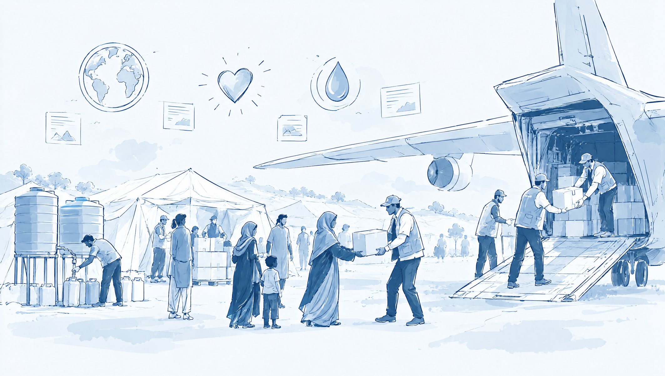 Illustration of aid workers unloading boxes from a cargo plane and handing supplies to women and a child beside tents