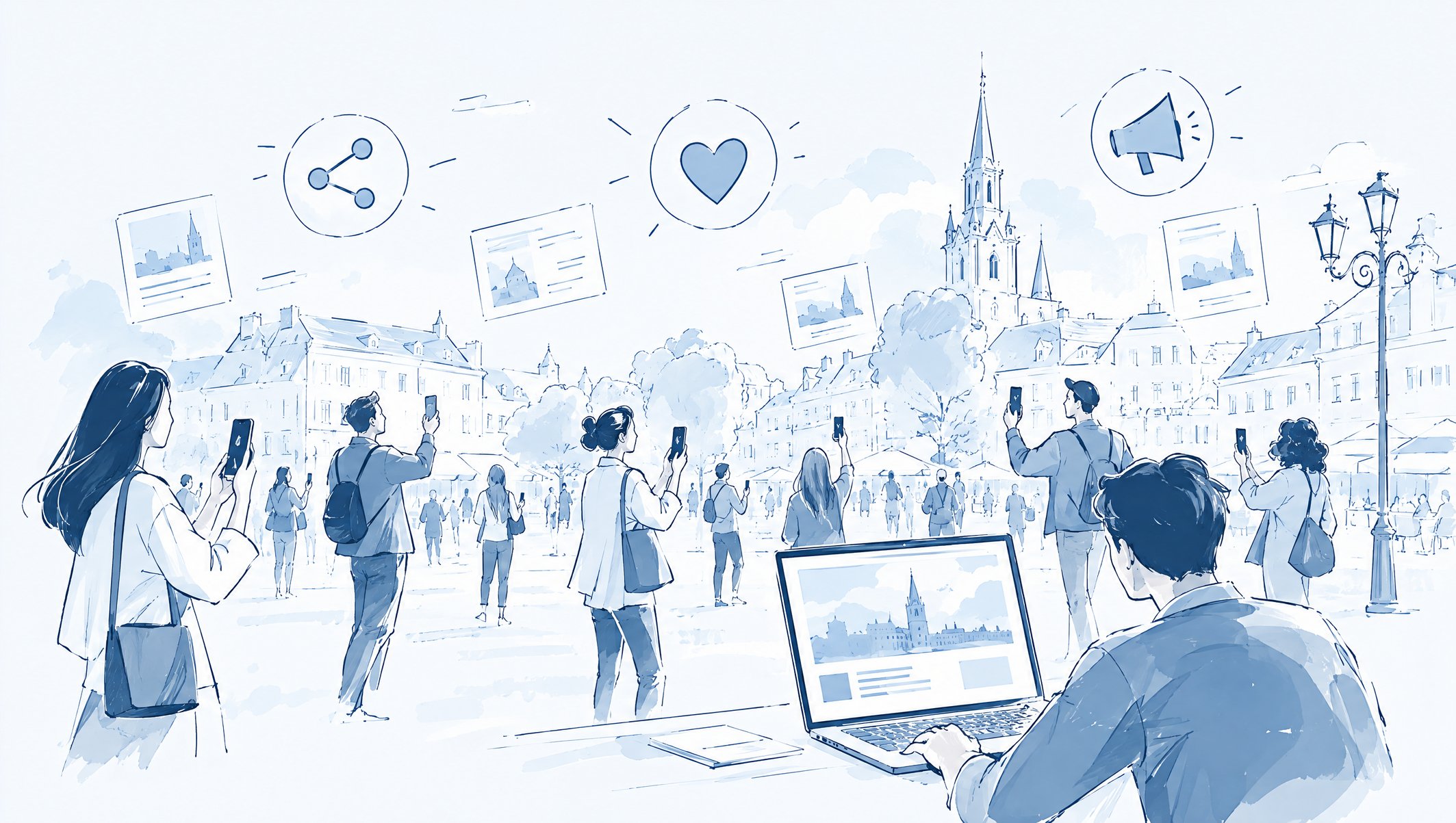 Illustration of people photographing a historic town square on their phones, with share, heart and megaphone icons