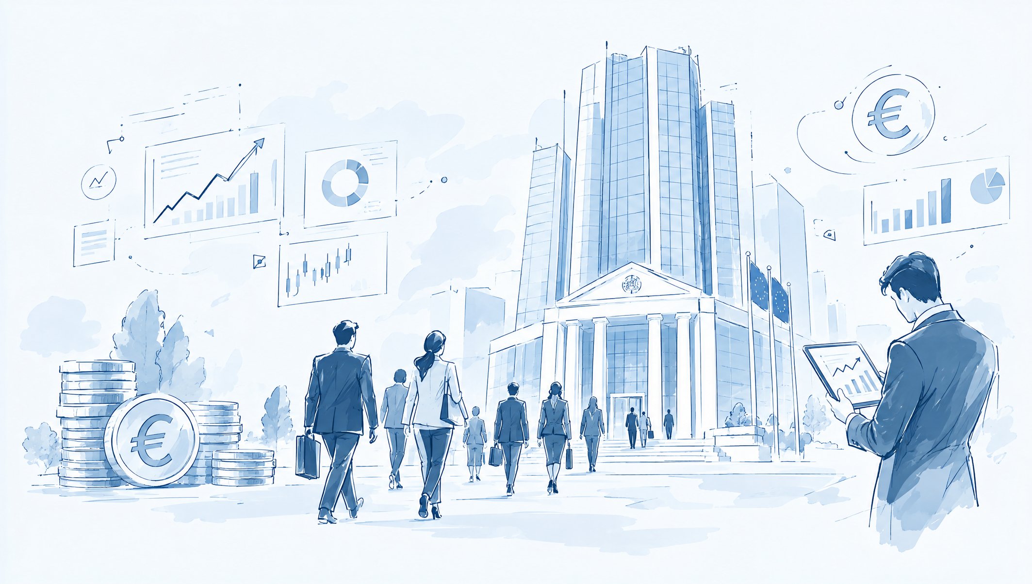 Illustration of professionals walking towards a columned bank tower, with euro coins and financial charts floating overhead