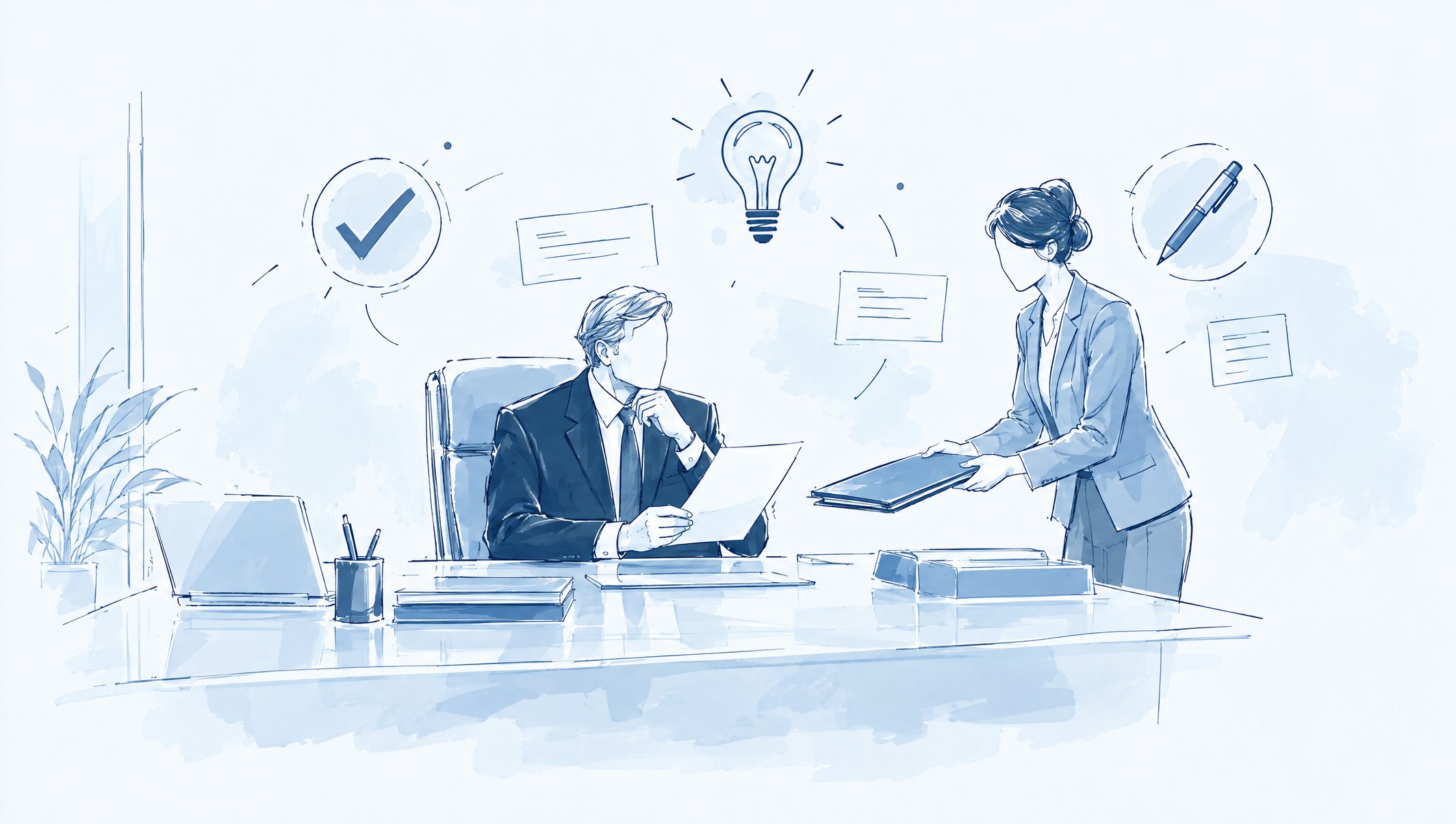Illustration of an executive reading a document at his desk as a colleague hands him a folder, with checkmark and pen icons