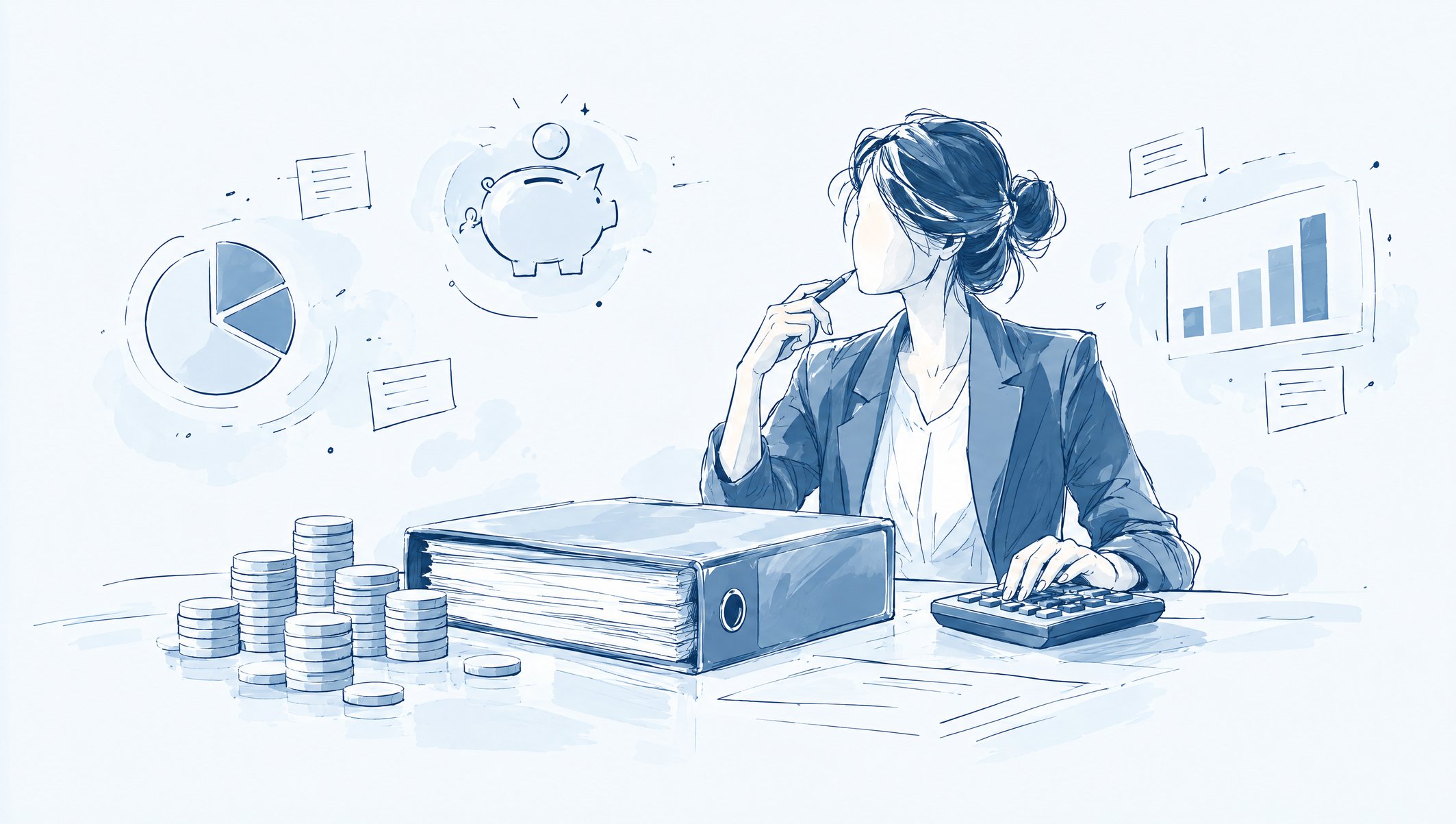 Illustration of a woman in a blazer using a calculator beside a binder and stacks of coins, with a piggy bank icon
