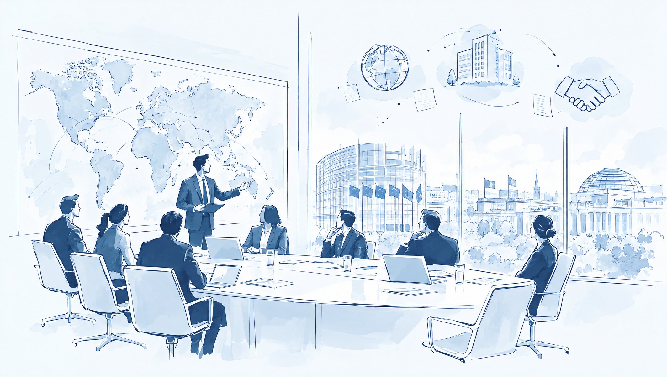 Illustration of a business meeting with a presenter at a world map and parliament buildings seen through the window