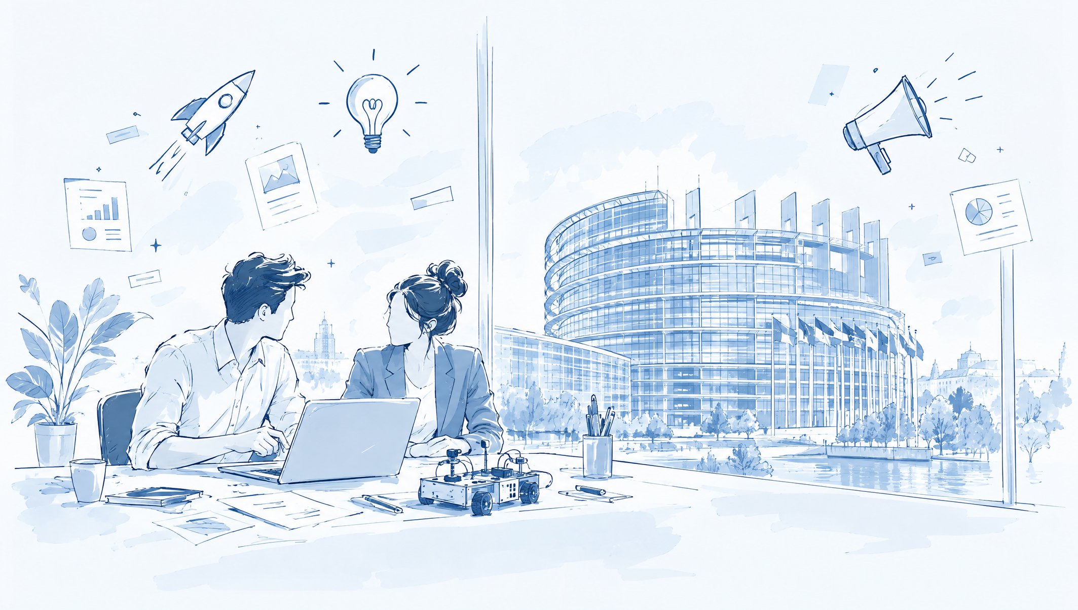 Illustration of two people at a laptop with a small robot on the desk, a parliament building visible through the glass