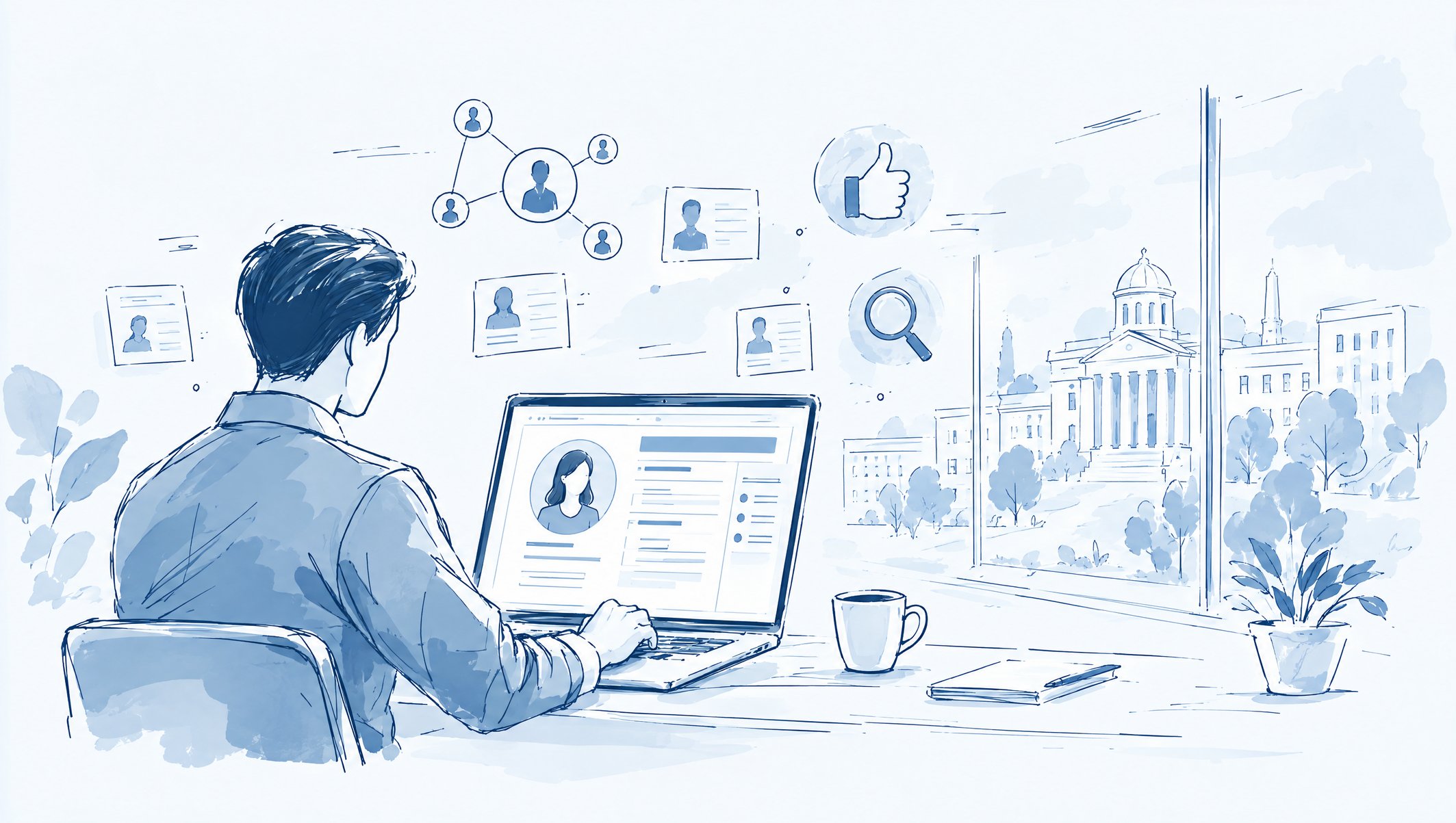 Illustration of a man browsing a profile page on a laptop, with floating profile cards, network nodes and a thumbs-up