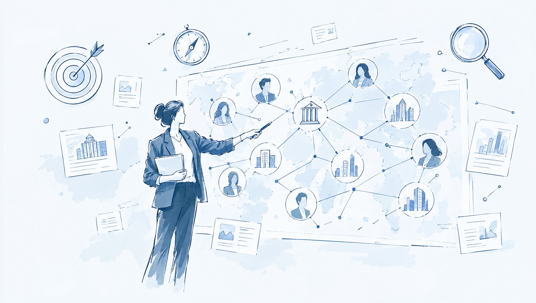 Illustration of a woman pointing at a world map network linking people and buildings, with target and compass icons