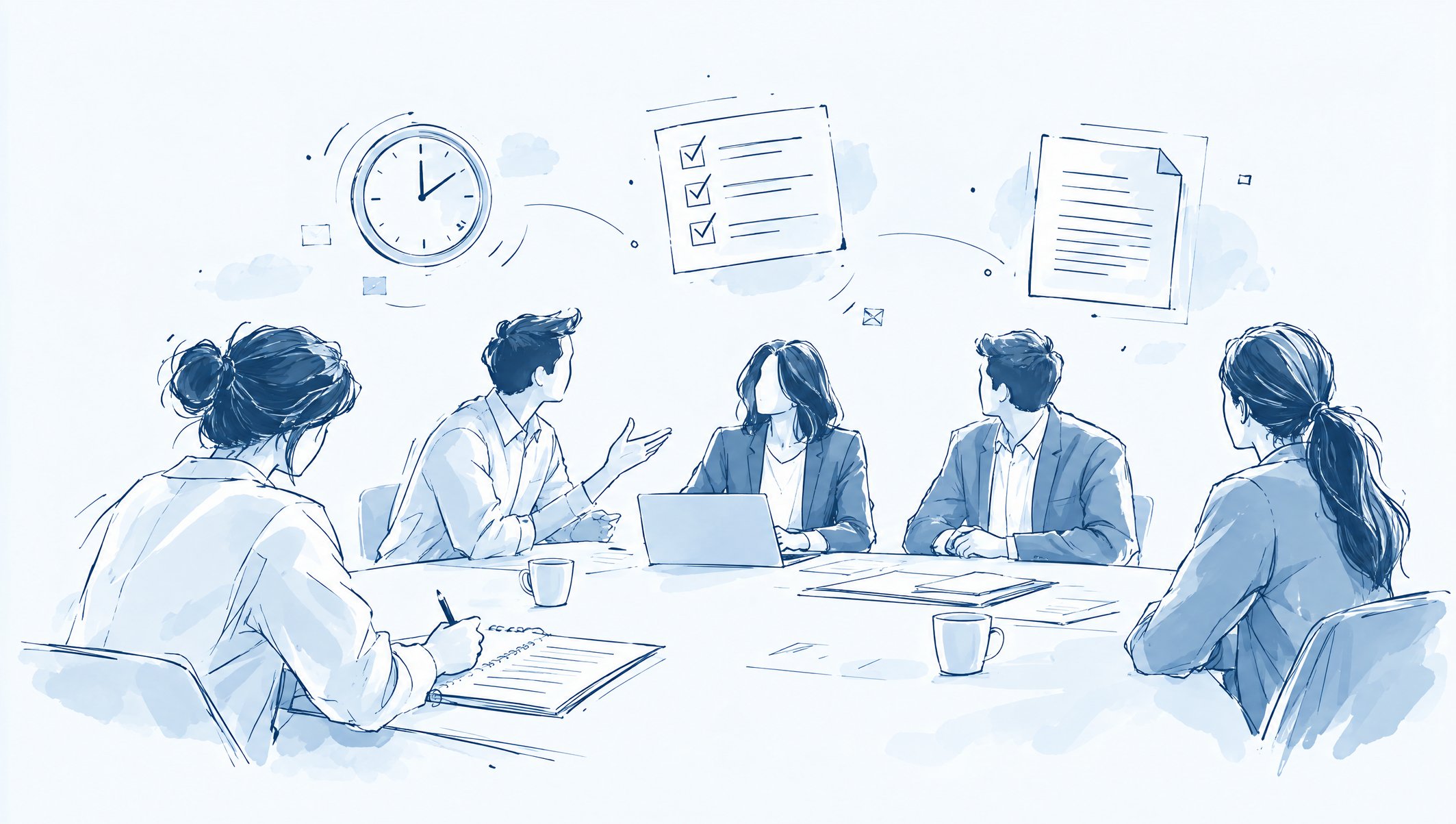 Illustration of five people around a meeting table, with floating clock, checklist and document icons
