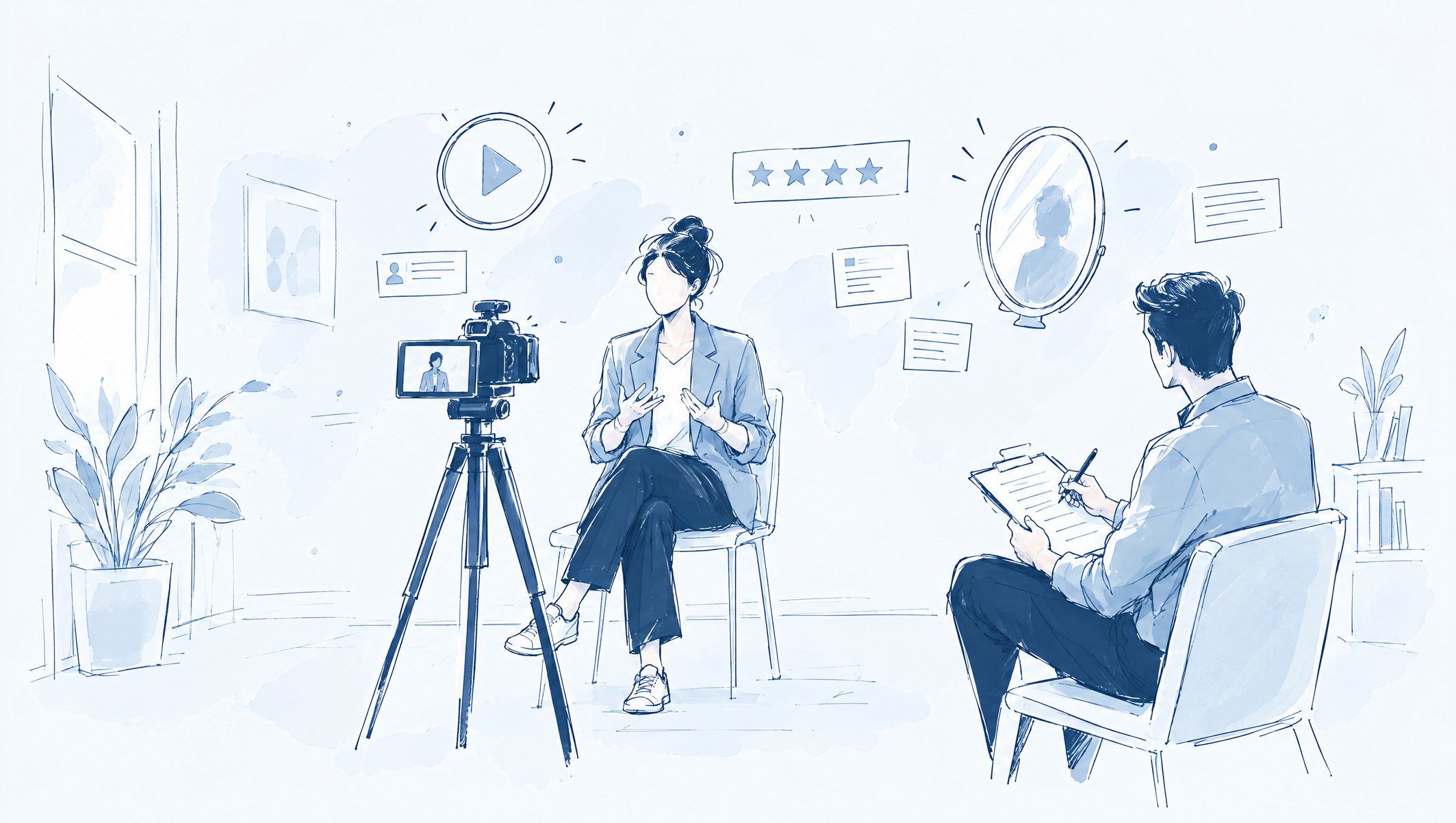 Illustration of a woman speaking to a camera on a tripod while a man takes notes on a clipboard, with star rating icons