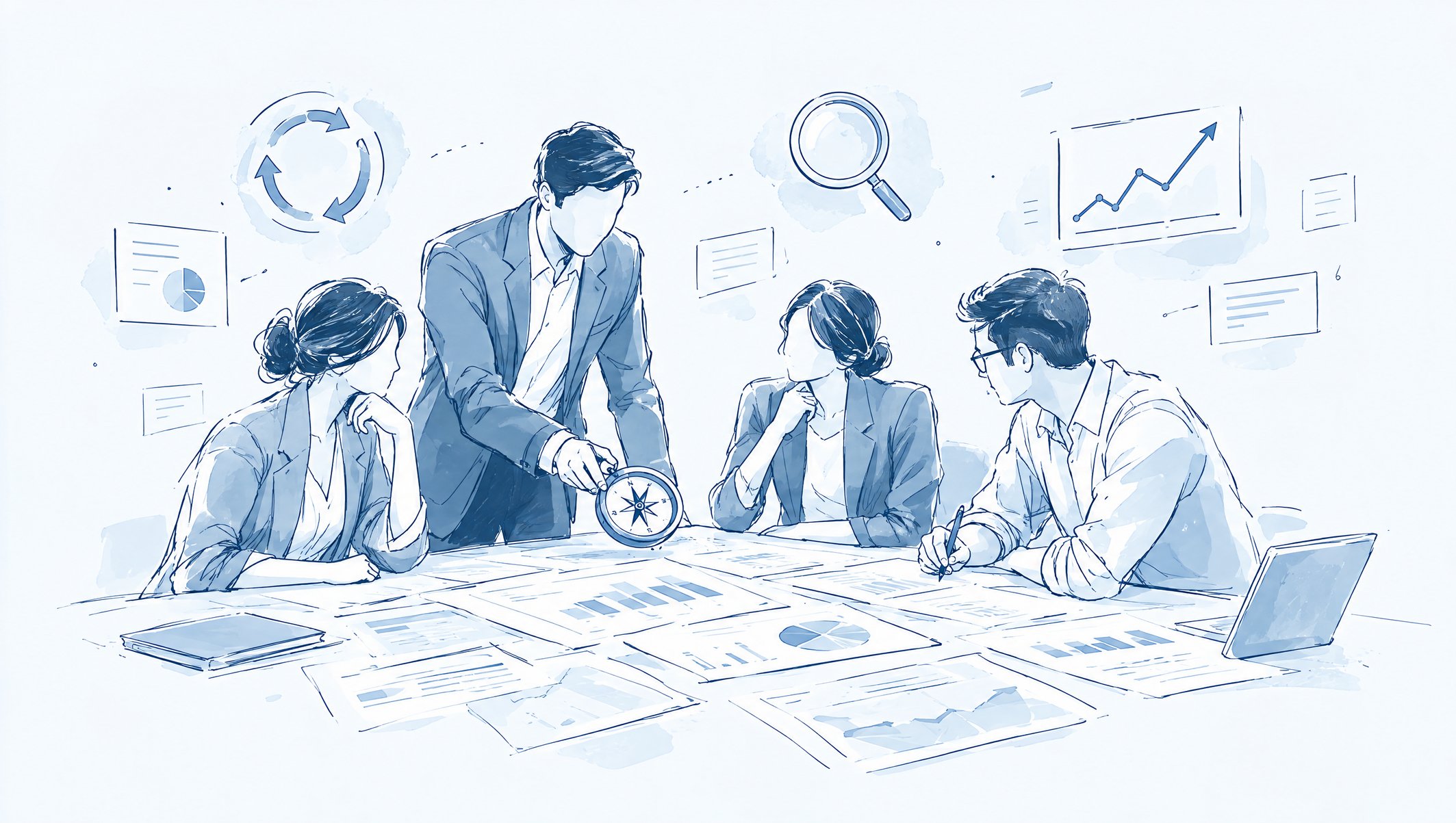 Illustration of four professionals reviewing charts around a table, one holding a compass, with a trend graph icon