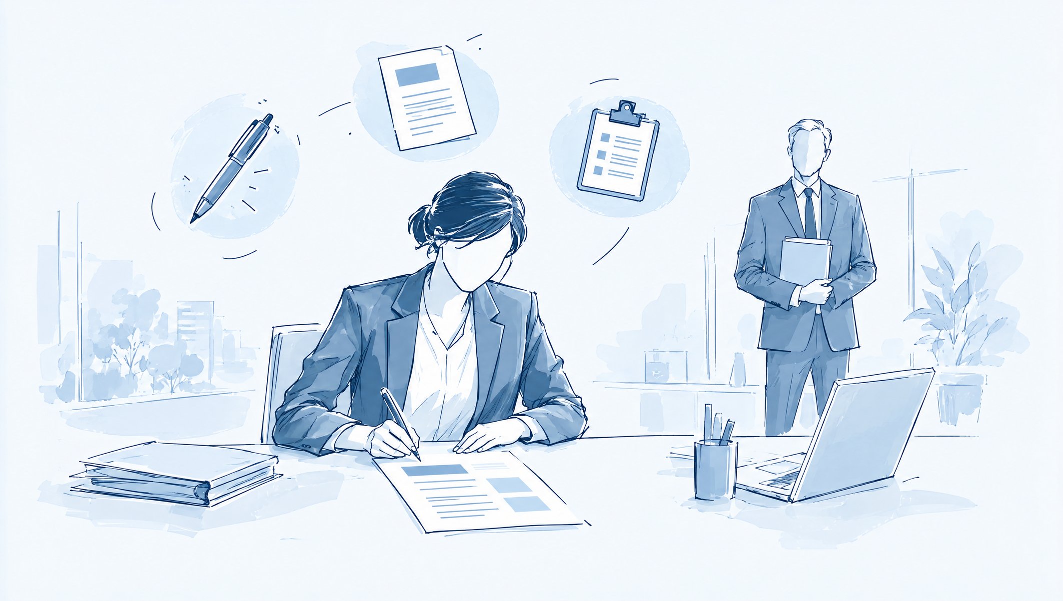 Illustration of a woman signing a document at a desk while a man in a suit stands beside her holding a folder
