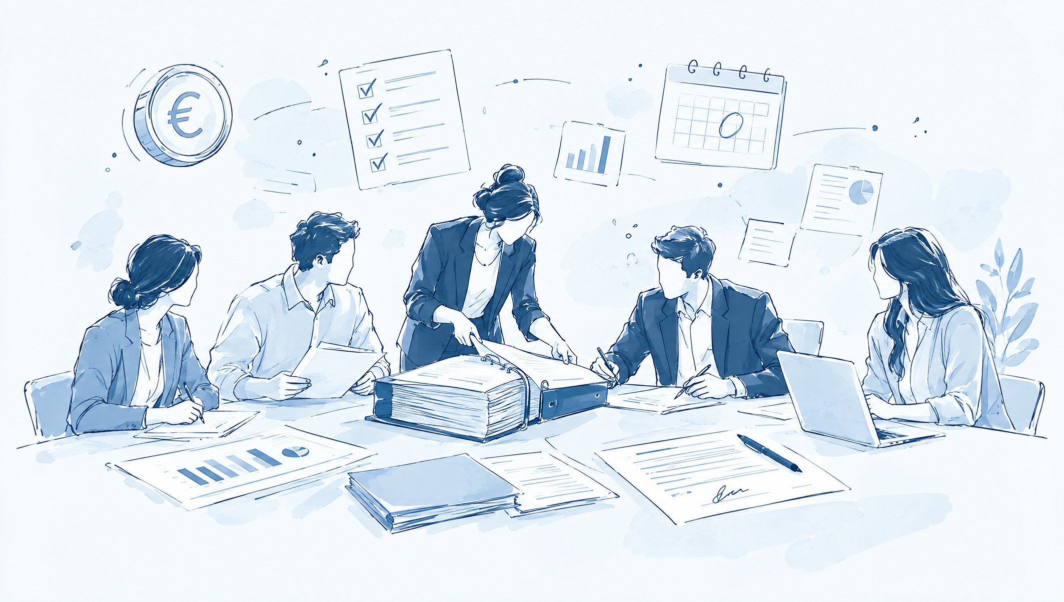 Illustration of five colleagues reviewing a large binder of documents, with euro coin, checklist and calendar icons