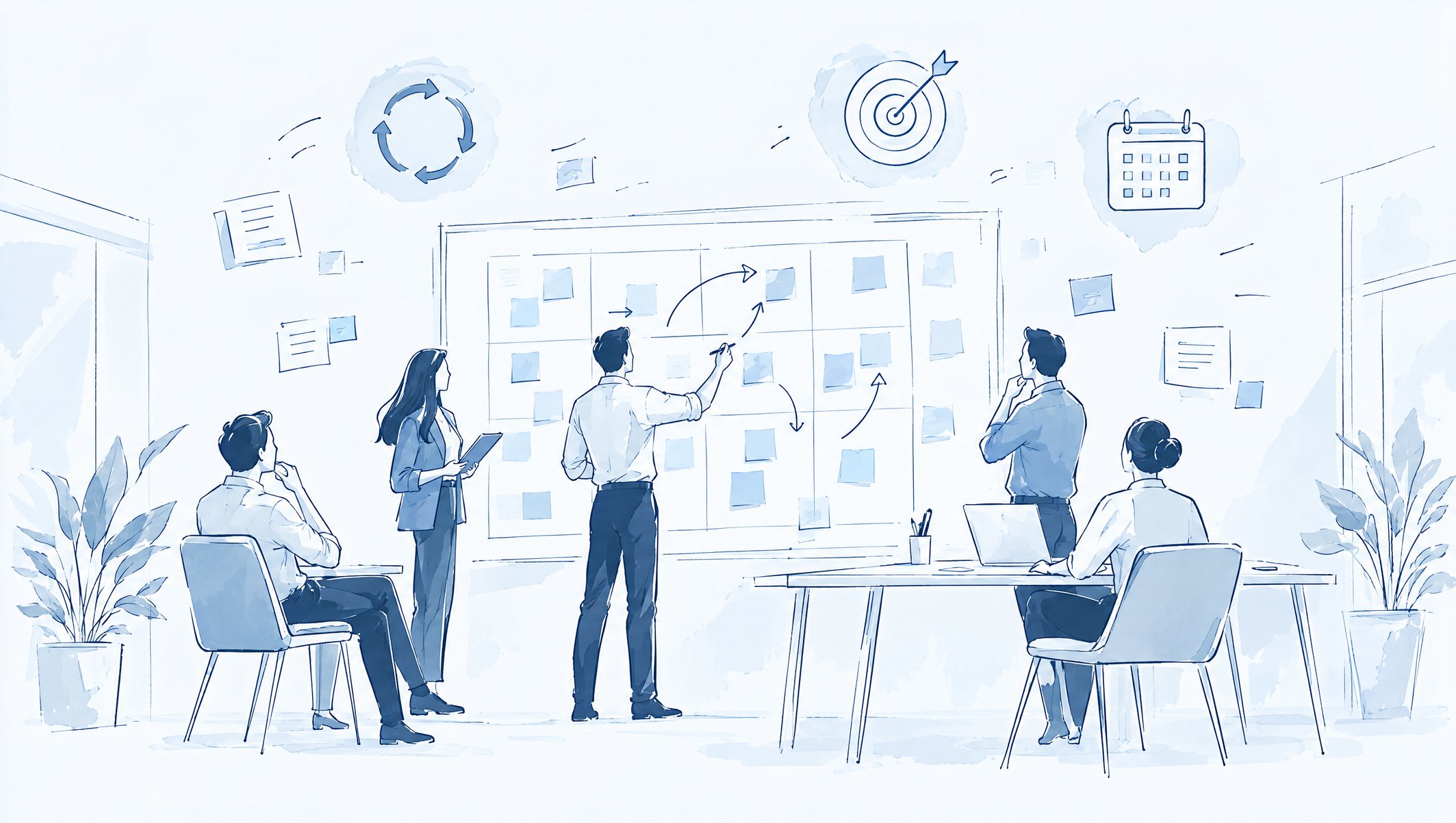 Illustration of four colleagues planning around a sticky-note board, with cycle, target and calendar icons