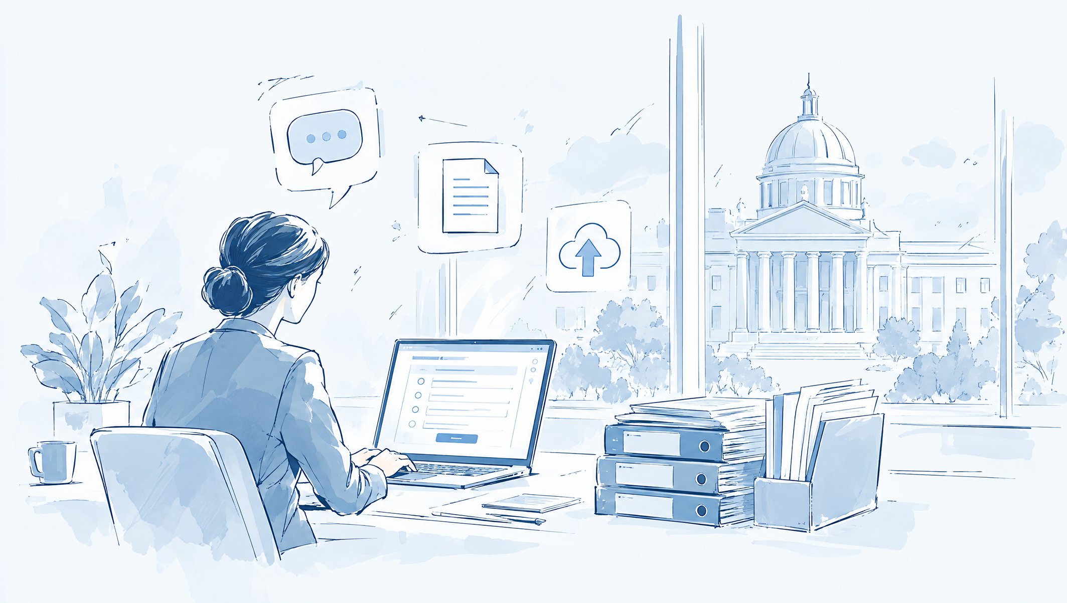 Illustration of a woman at a laptop beside binders, with upload and chat icons and a domed building through the window