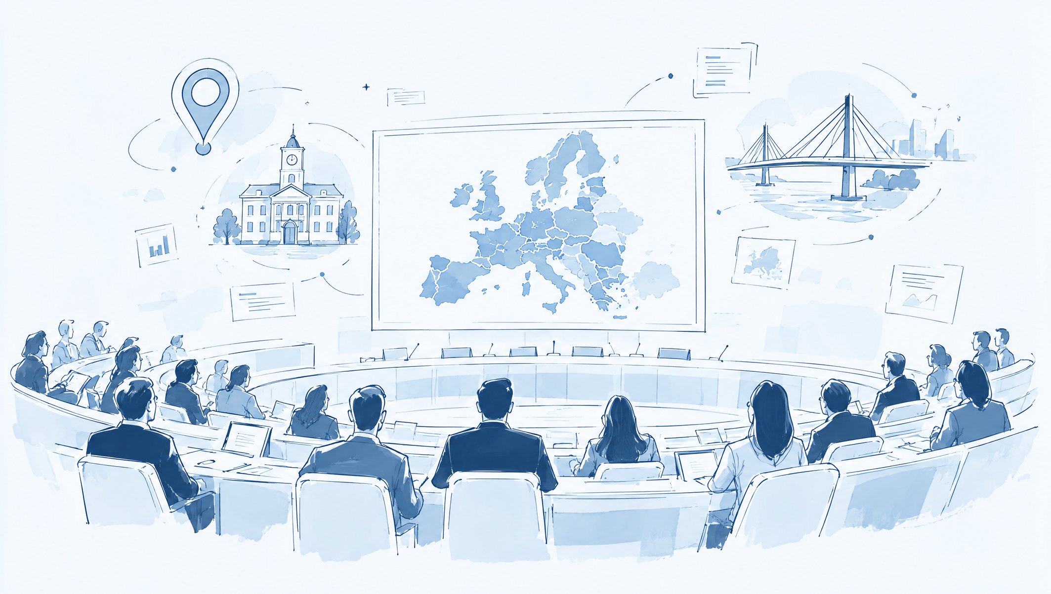 Illustration of a hemicycle assembly facing a large screen showing a map of Europe, with town hall and bridge icons