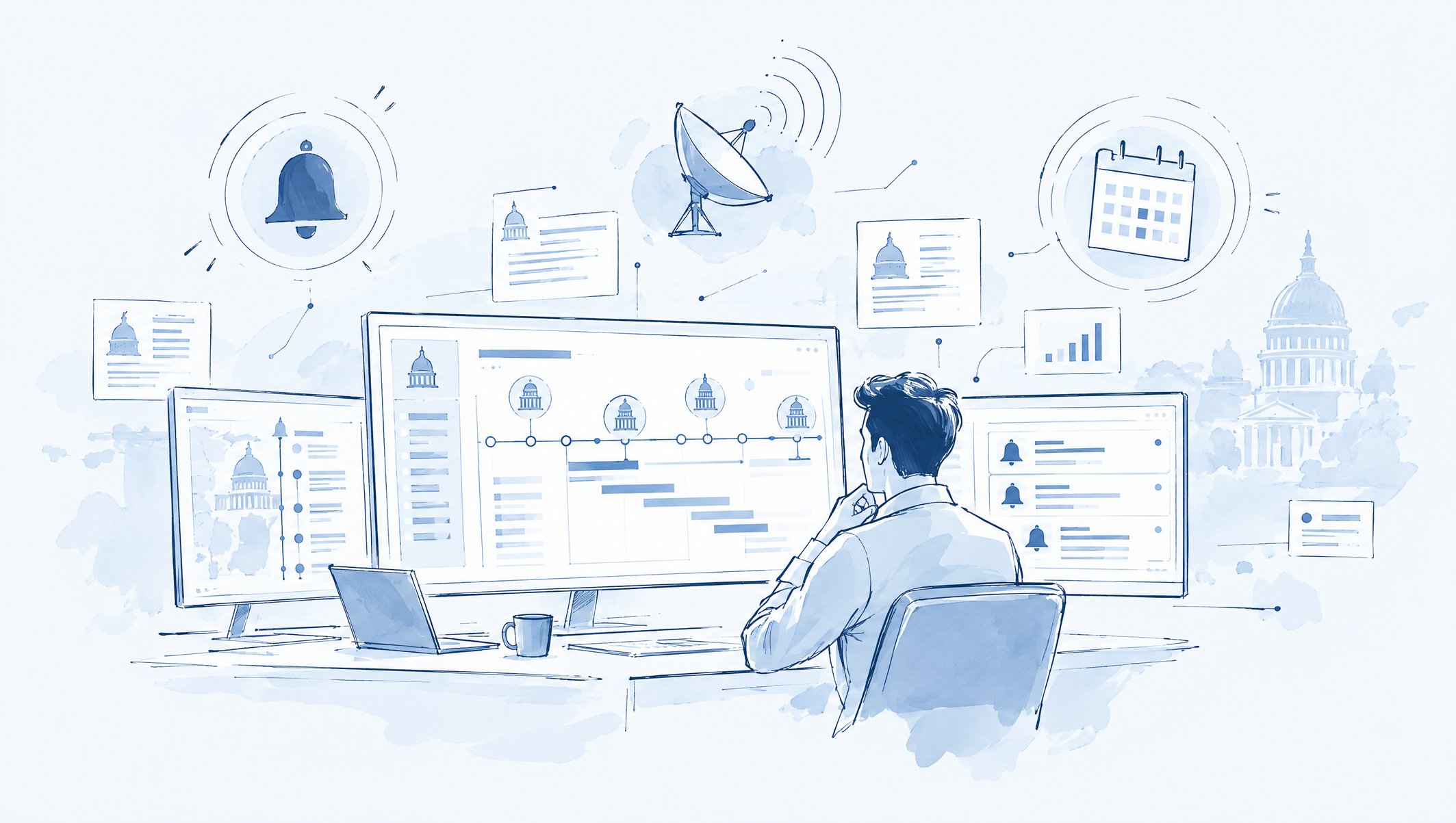 Illustration of a man seen from behind studying monitors that show a legislative timeline, with bell and calendar icons