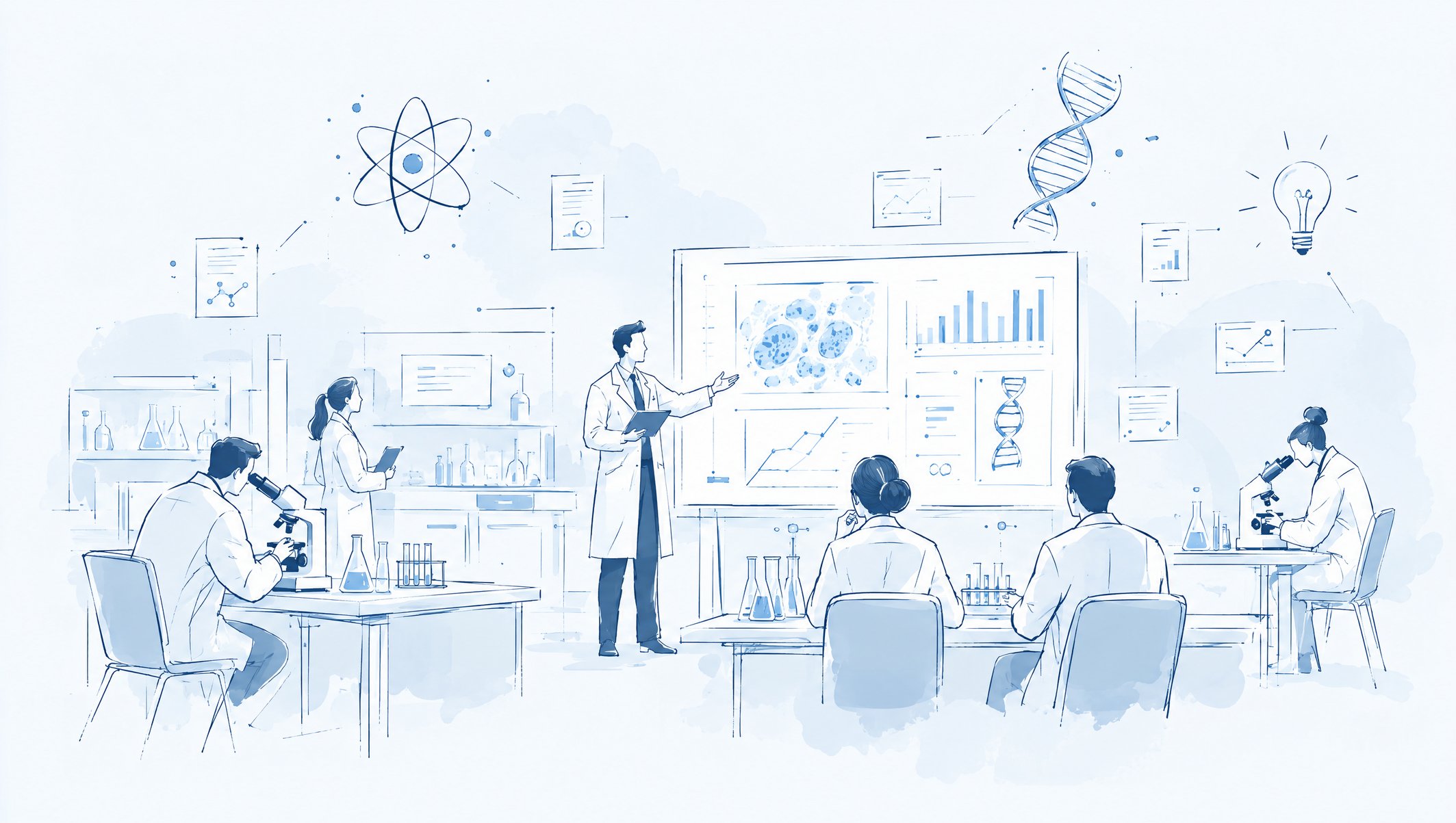 Illustration of a researcher in a lab coat presenting data while colleagues work at microscopes, with atom and DNA icons