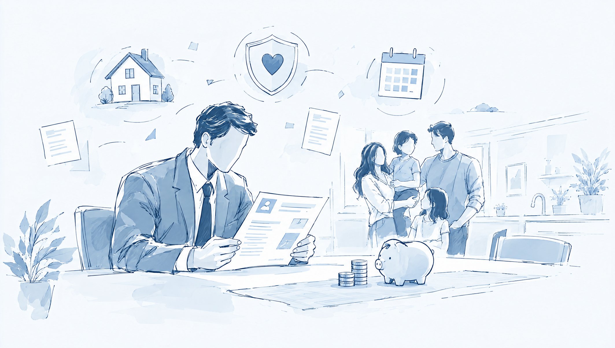 Illustration of a man reviewing a document beside a family, a piggy bank and coins, with house and calendar icons