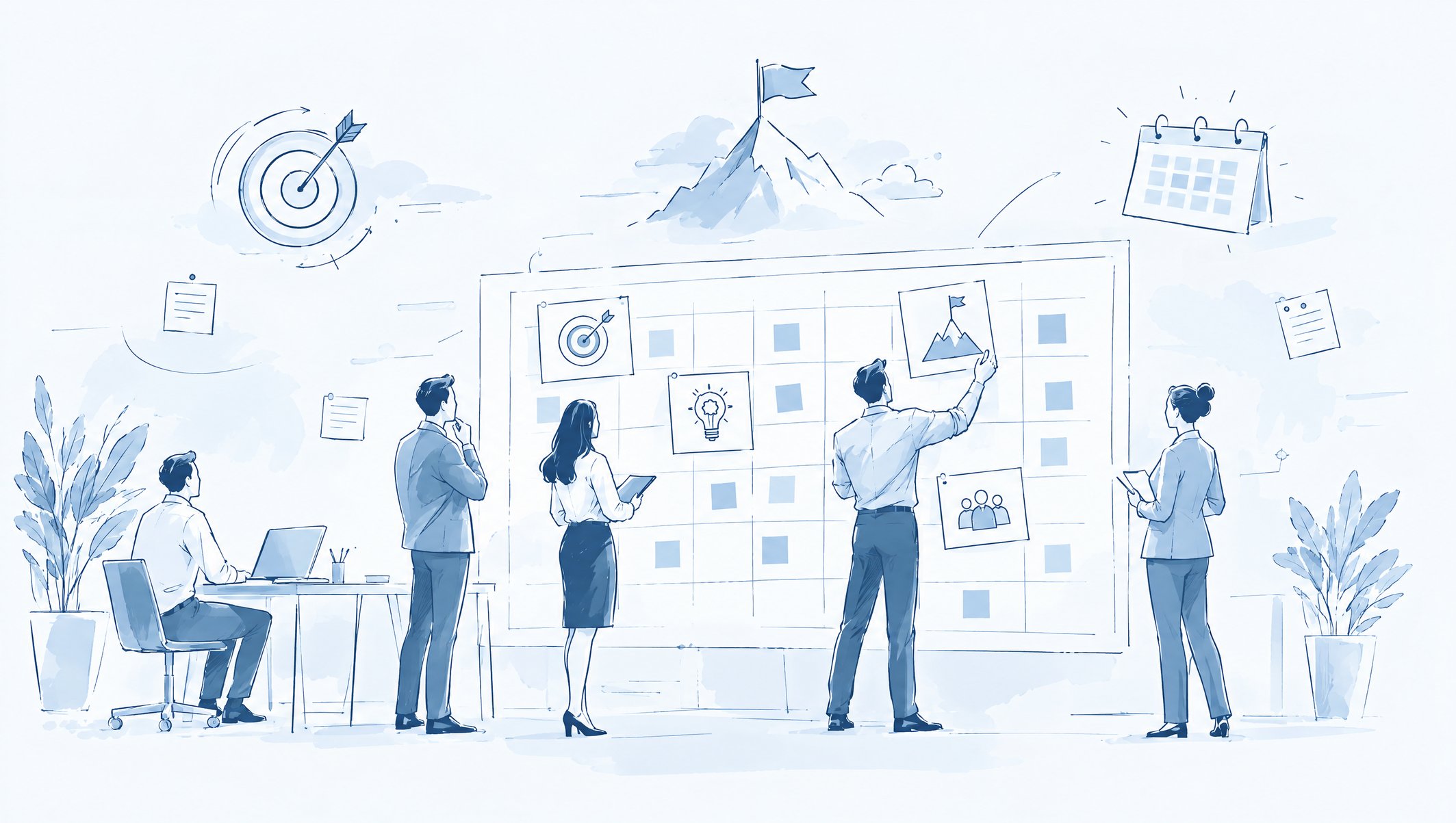 Illustration of four colleagues planning at a large calendar board, with goal, lightbulb and mountain flag icons