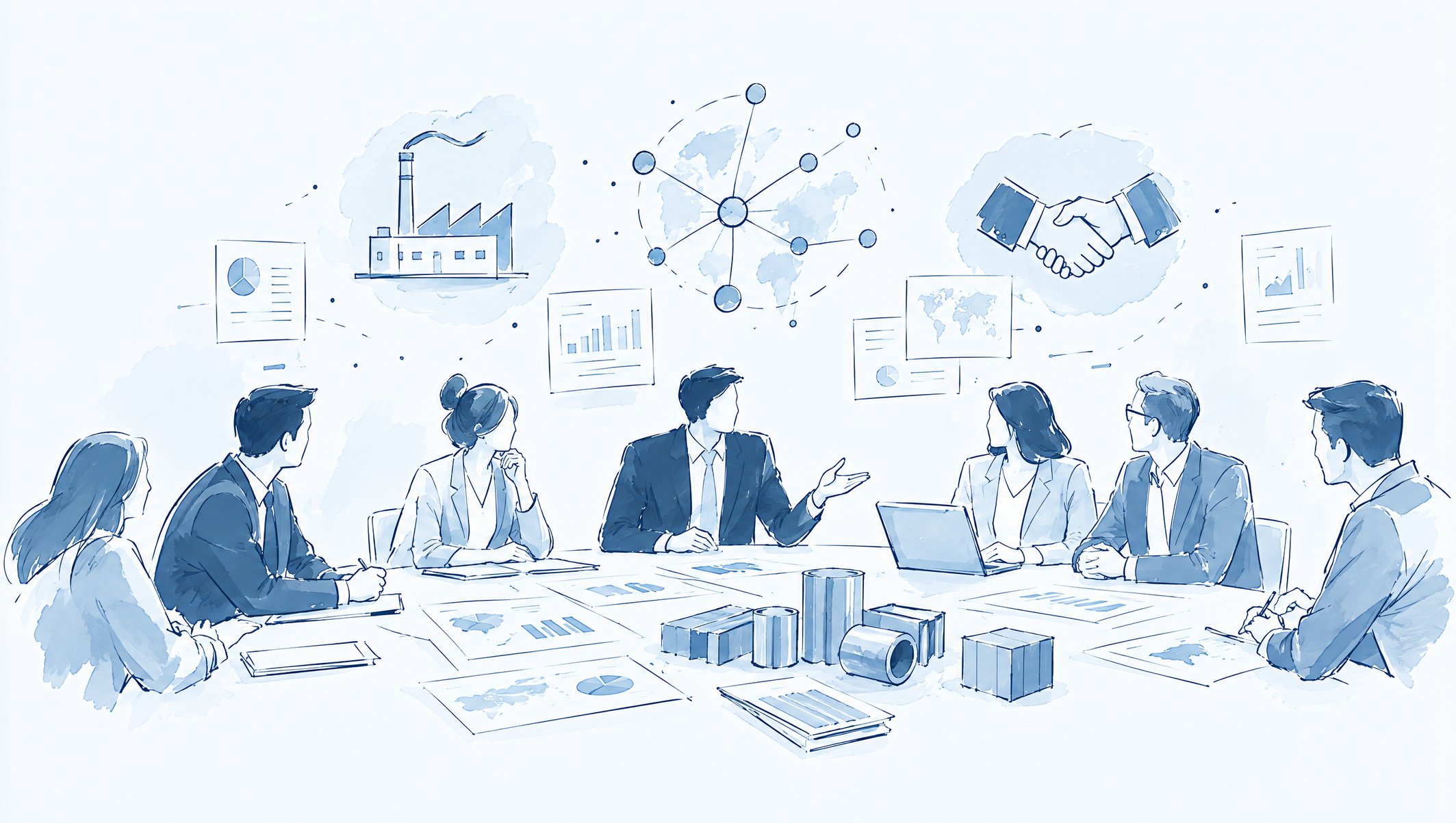 Illustration of an industry boardroom meeting with metal stock on the table and factory, globe and handshake icons