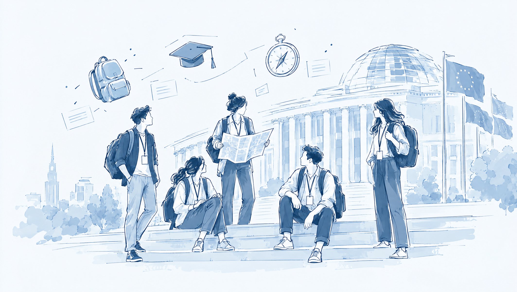 Illustration of five students with backpacks and lanyards gathered on the steps of a domed building with flags