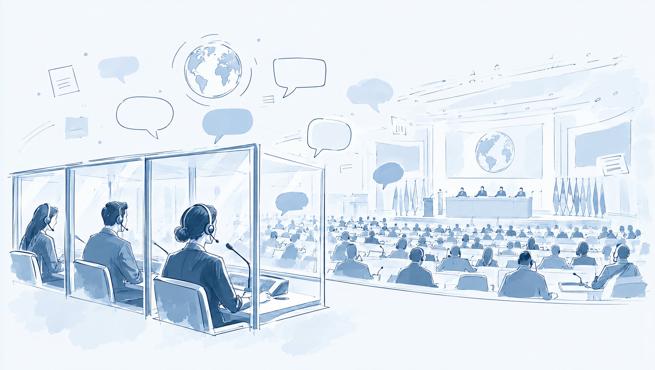 Illustration of interpreters wearing headsets in glass booths overlooking a large assembly hall, with speech bubbles above