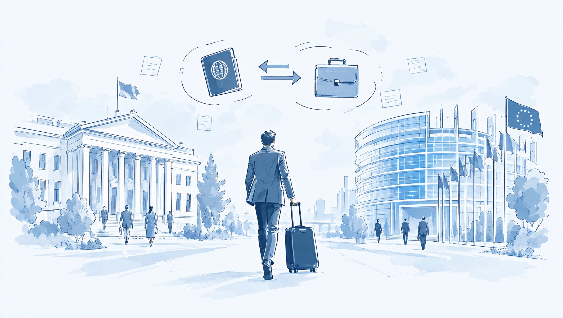 Illustration of a man with a suitcase walking between a neoclassical government building and a modern parliament building