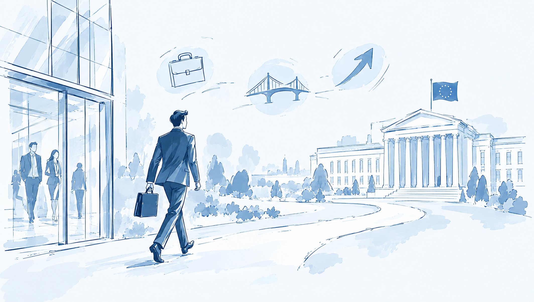Illustration of a businessman with a briefcase walking from a glass office towards a neoclassical building flying an EU flag