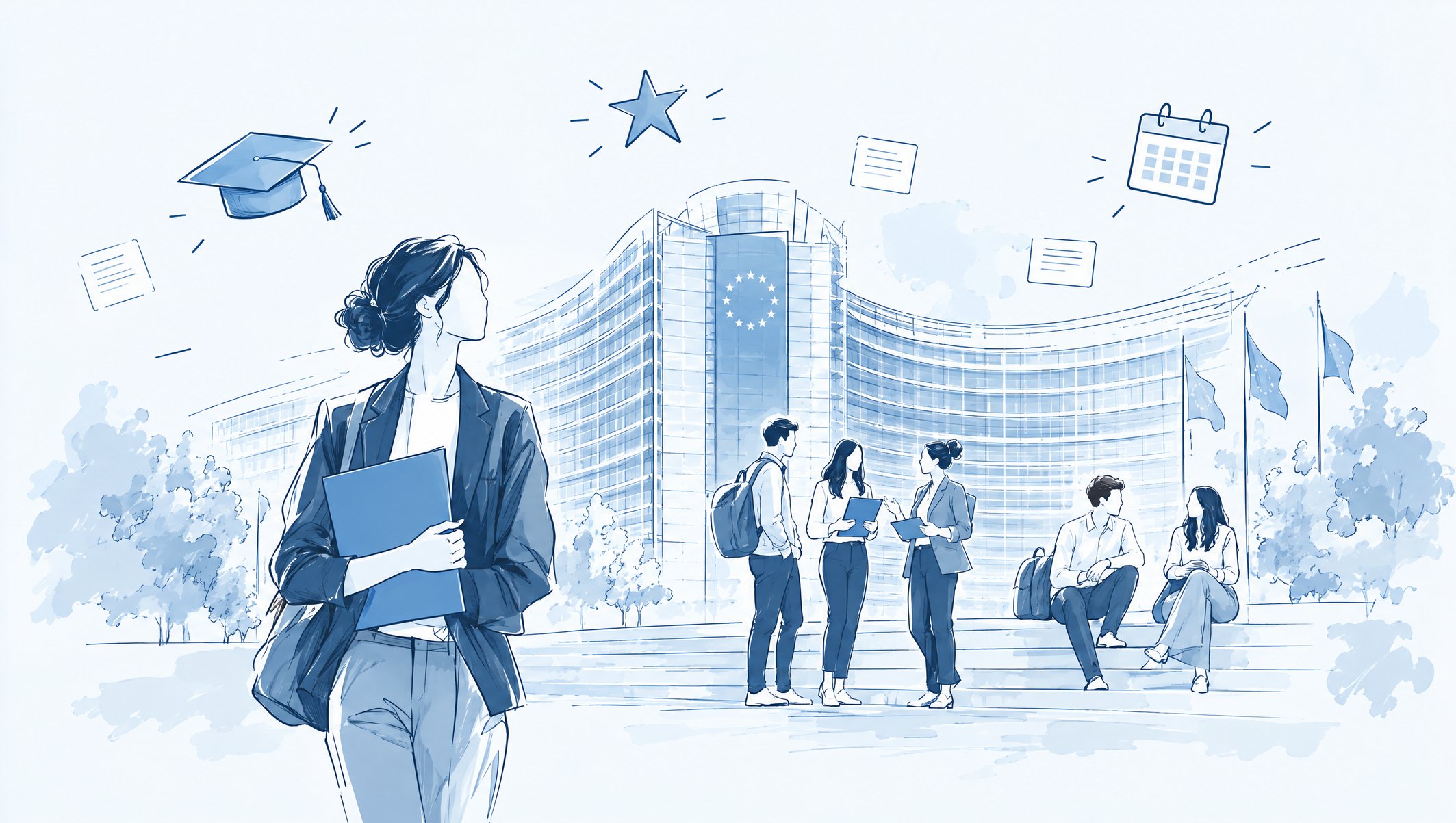 Illustration of a student holding a folder in front of an institutional building with an EU flag, among small groups of students