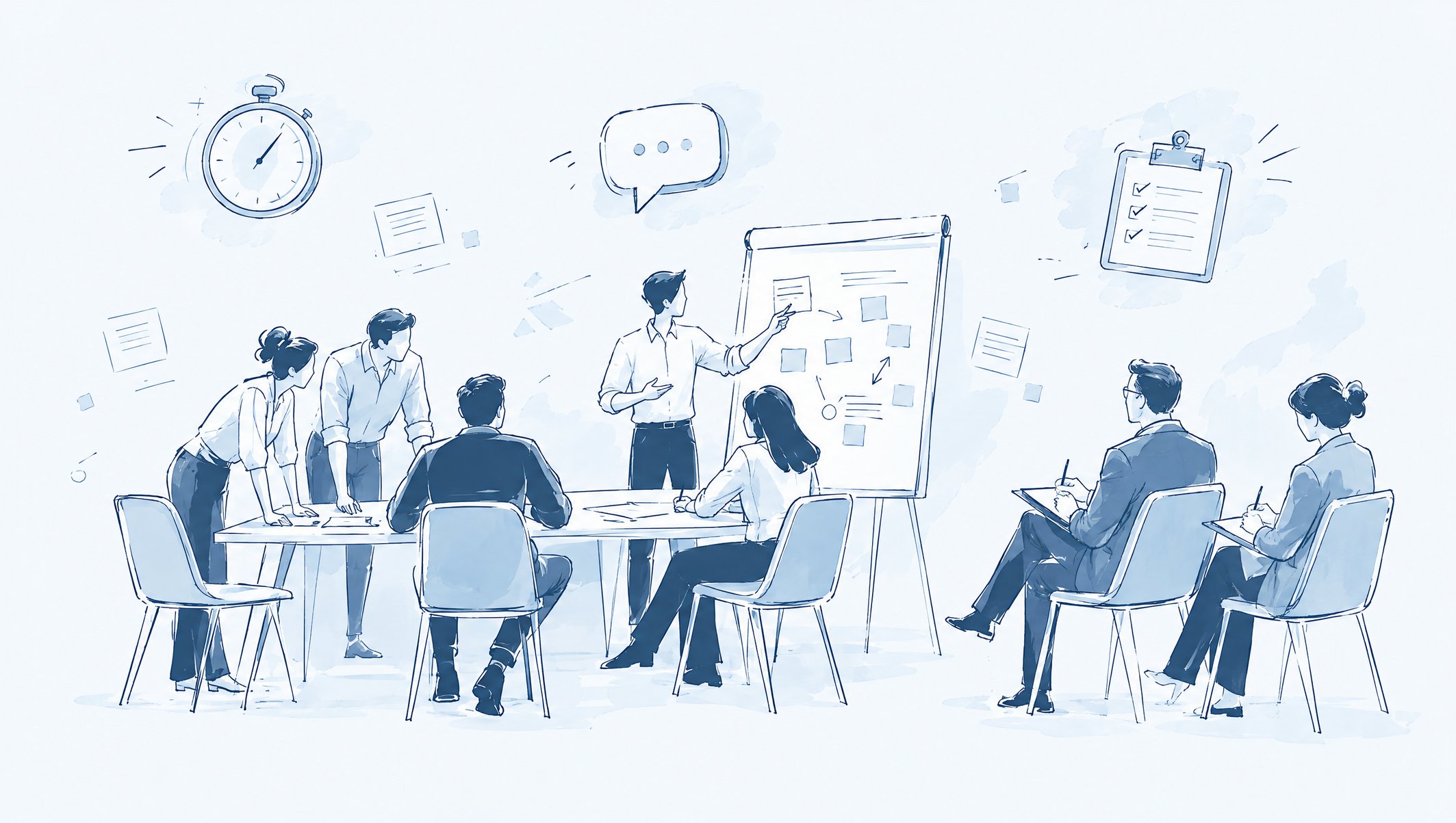 Illustration of a team workshop: a presenter at a flipchart of sticky notes, a group at a table and two note-takers