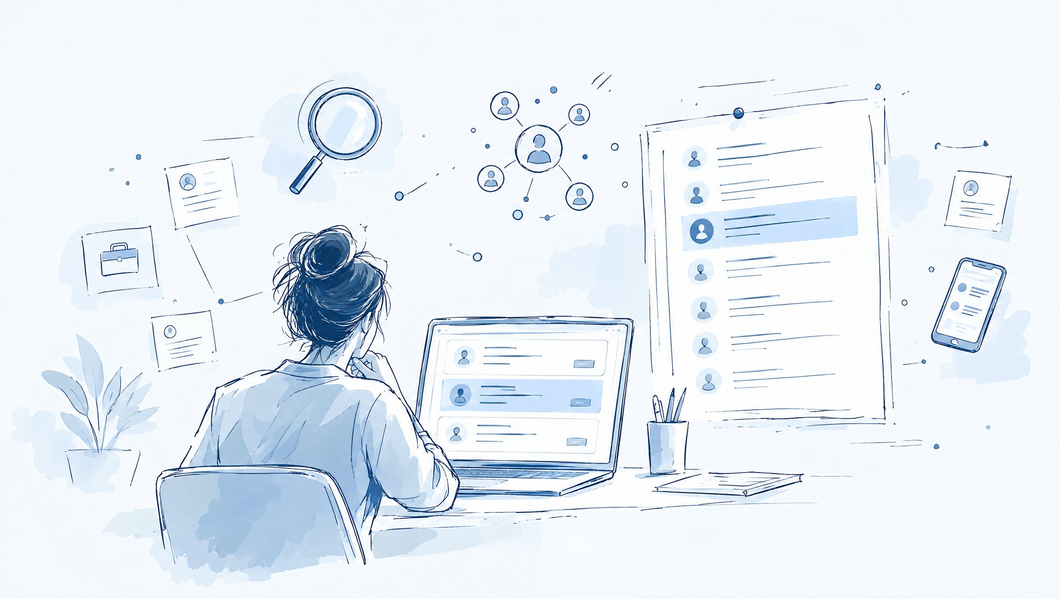 Illustration of a person at a laptop beside a long candidate list, with magnifier, ID card and briefcase icons