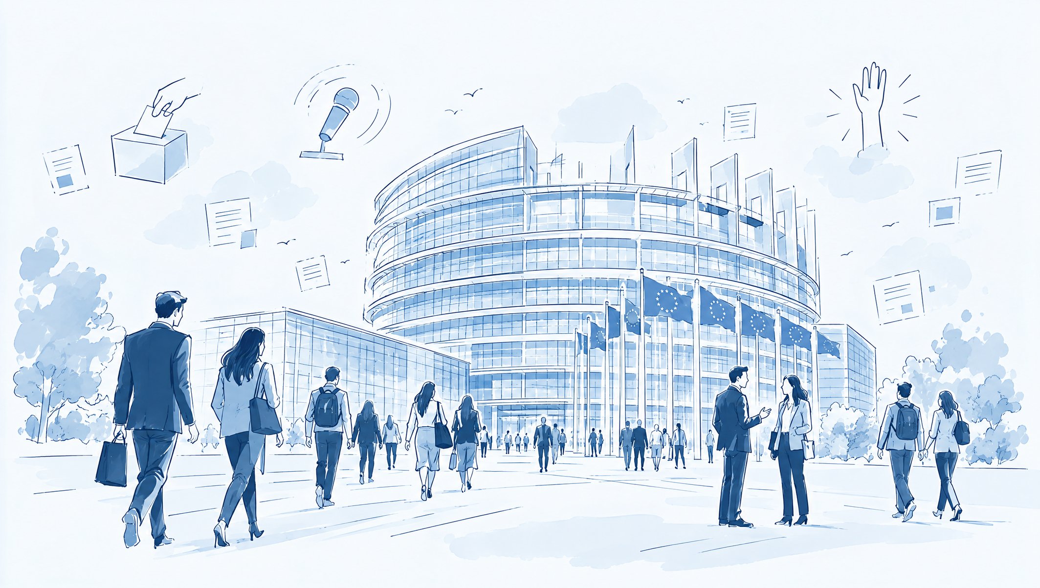 Illustration of people walking past a glass parliament building with flags, with ballot box and microphone icons