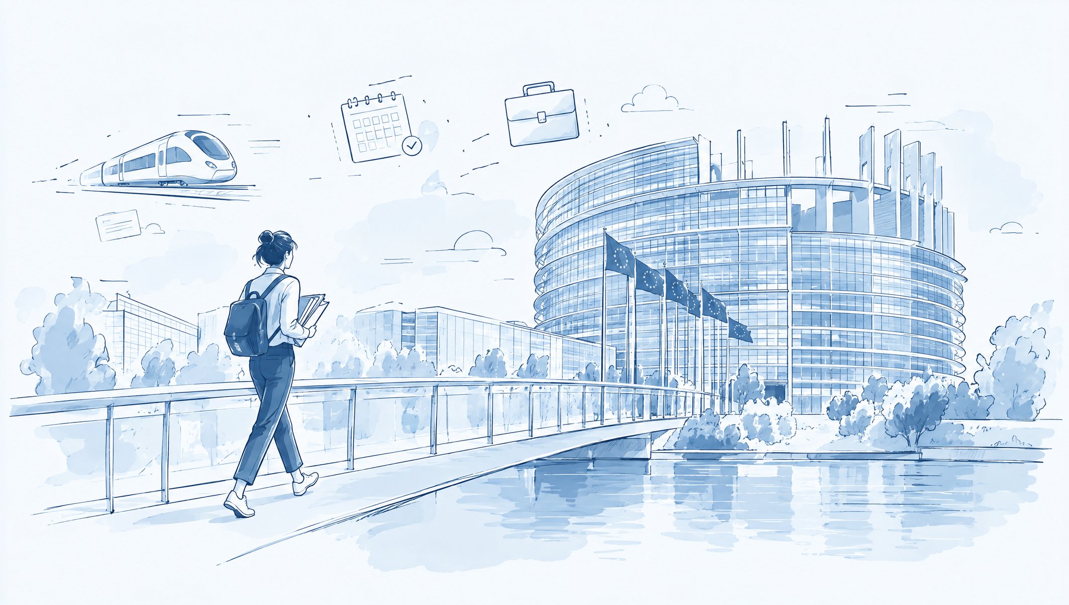 Illustration of a person with a backpack crossing a bridge towards the European Parliament building in Strasbourg