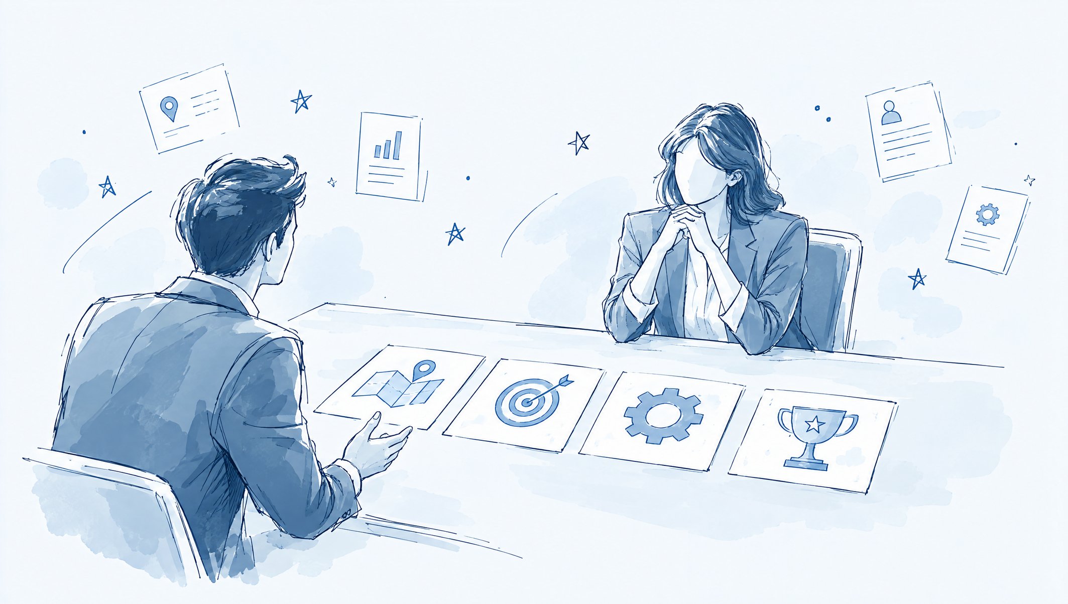 Illustration of two people facing each other across a table laid with four cards showing a pin, target, gear and trophy