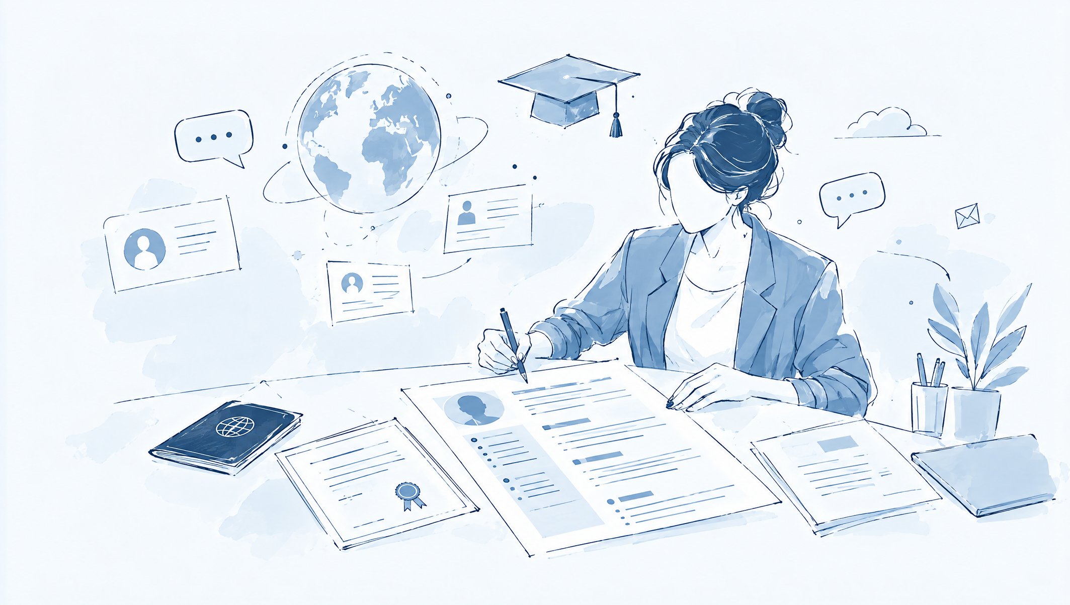 Illustration of a woman in a blazer filling out a CV, surrounded by a passport, certificate, globe and graduation cap