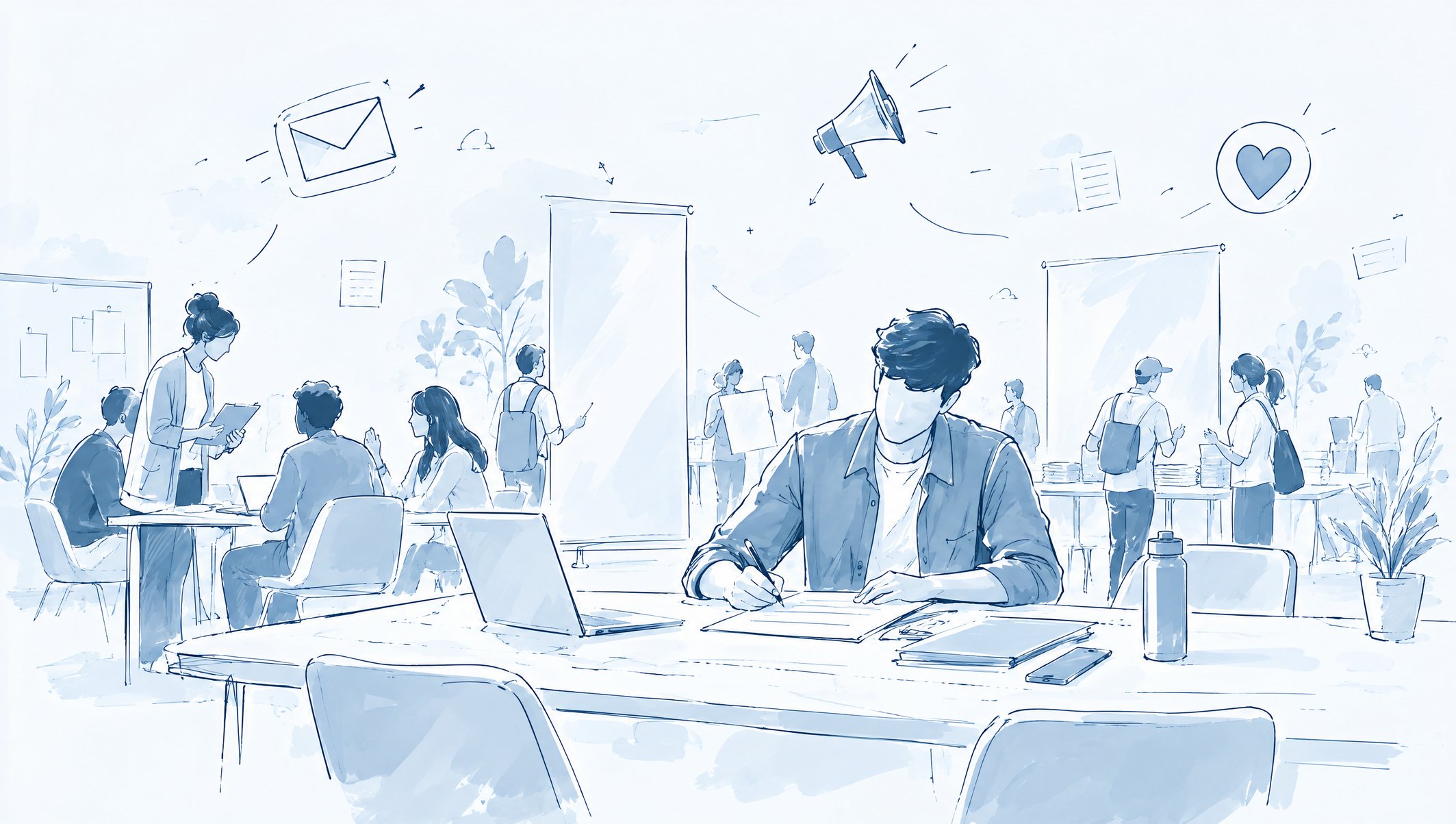Illustration of a man writing at a table while people gather at stalls behind him, with envelope, megaphone and heart icons
